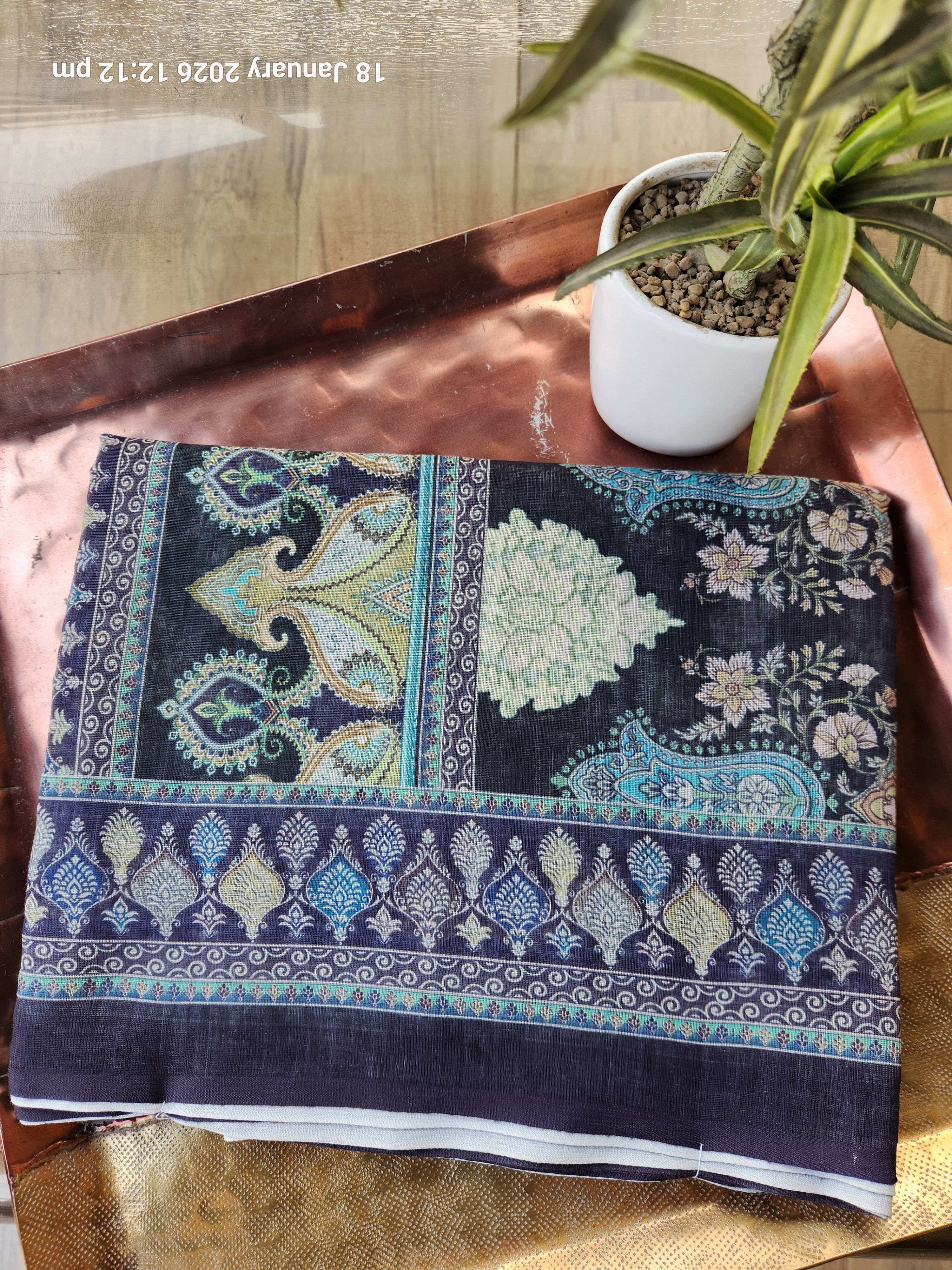 Traditional Floral & Paisley Motif Saree in Deep Blue Tones - Blue