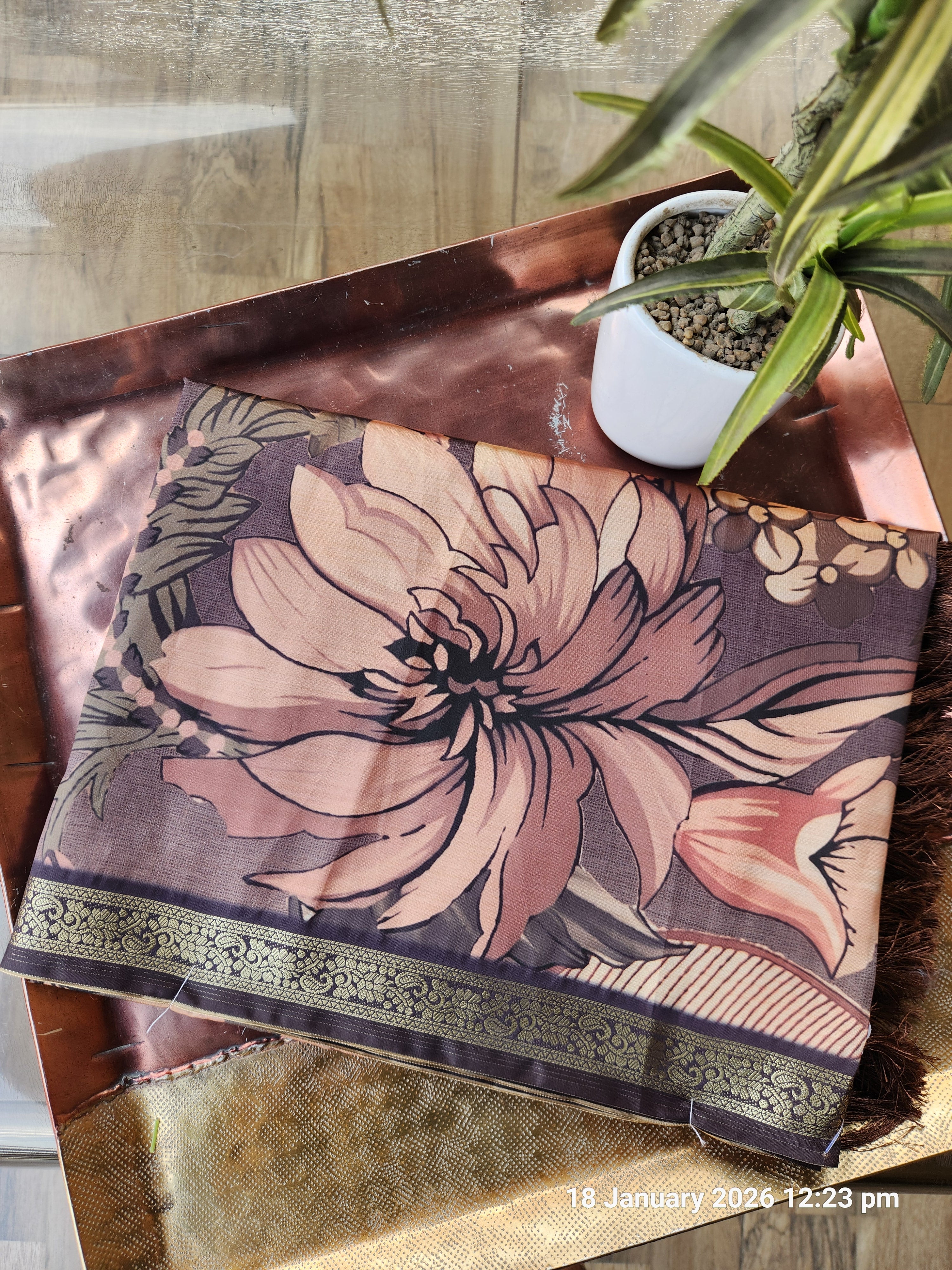 Tussar silk Floral Pattern - Dark Brown