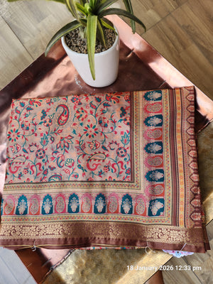 Handcrafted Floral Saree with Mughal-Inspired Border - Beige