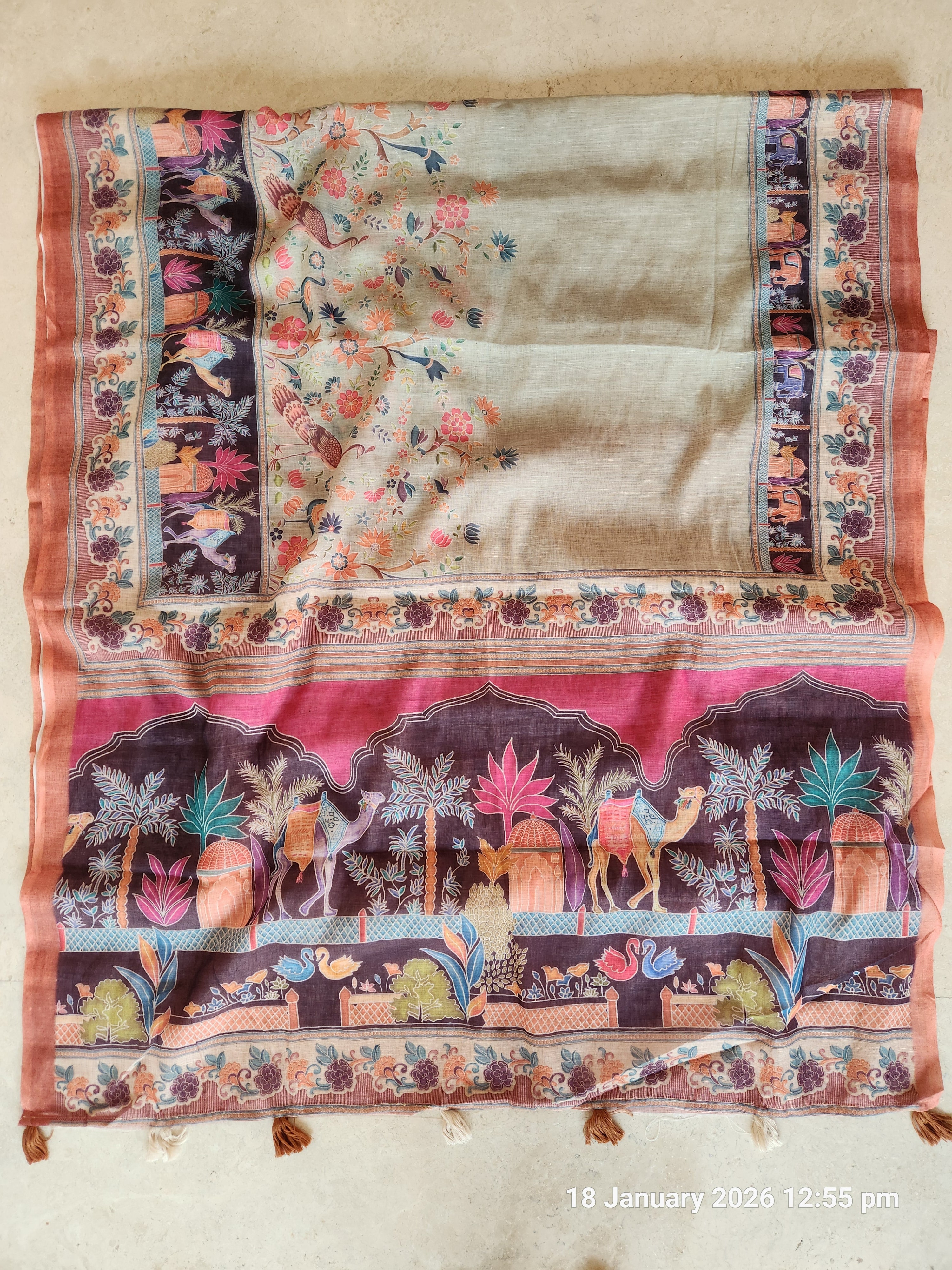 Pure linen Saree Floral Design - Pista Green