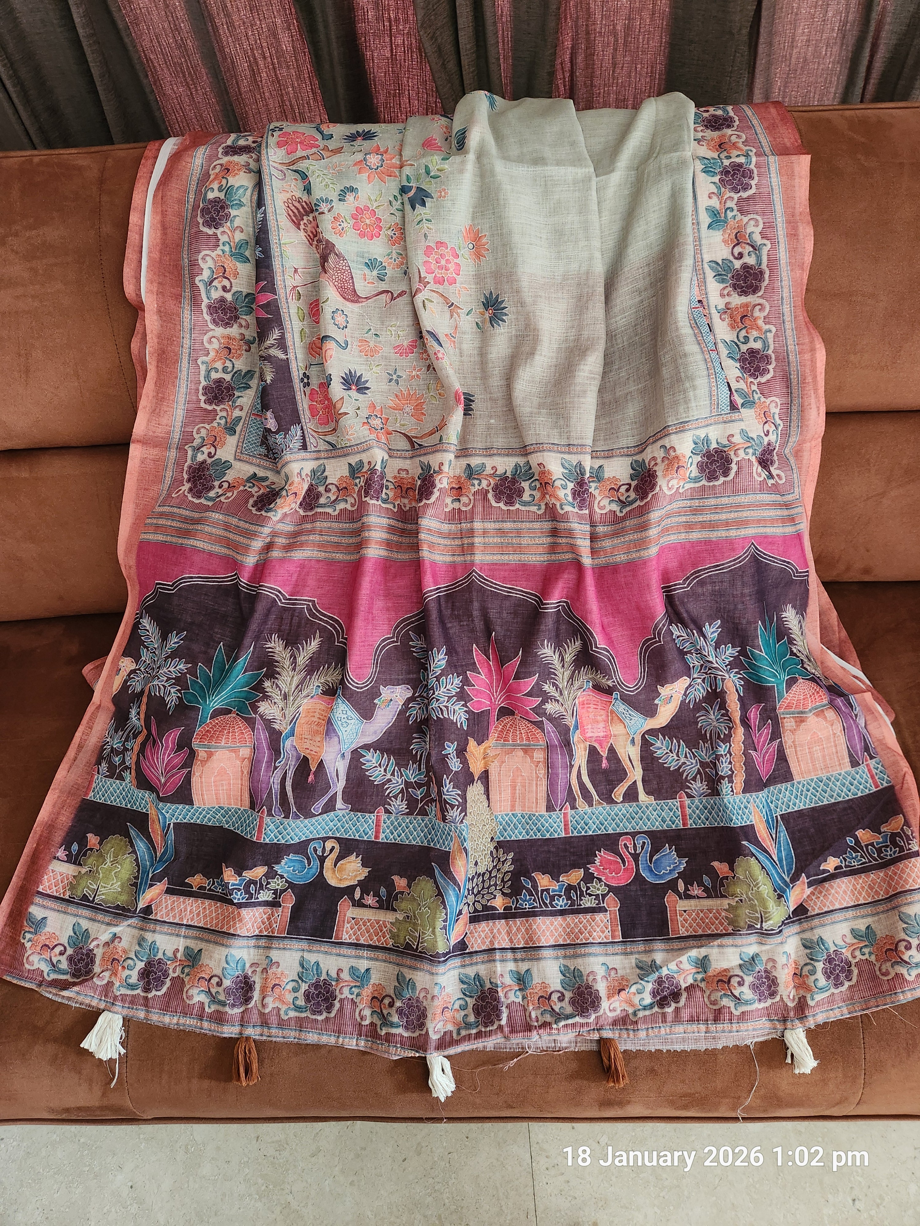 Pure linen Saree Floral Design - Pista Green