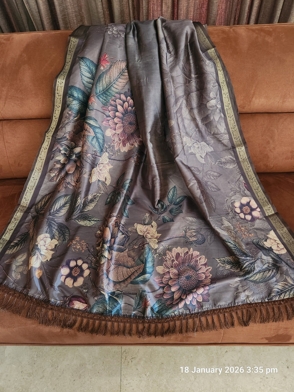 Floral Print Saree with Traditional Zari Border - Grey