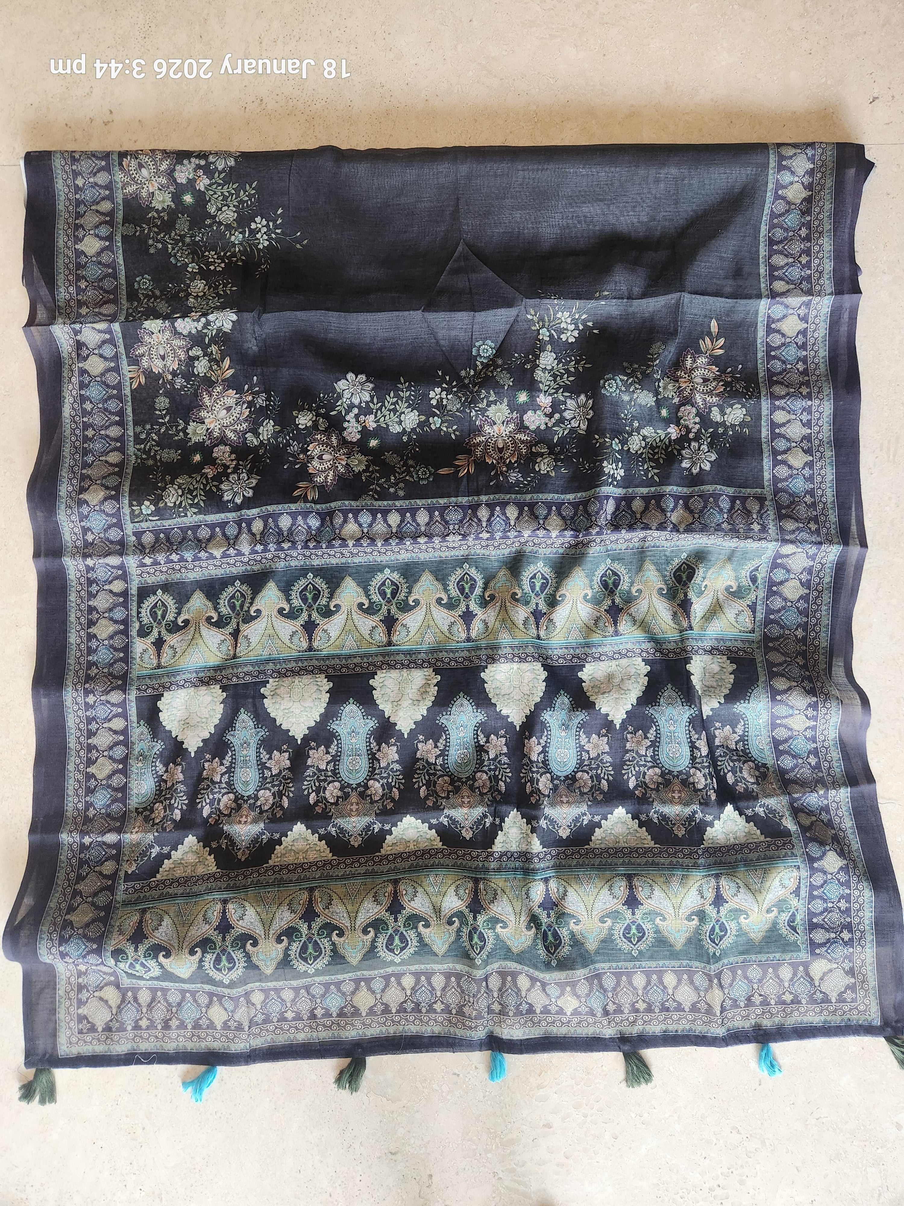 Traditional Floral & Paisley Motif Saree in Deep Blue Tones - Blue