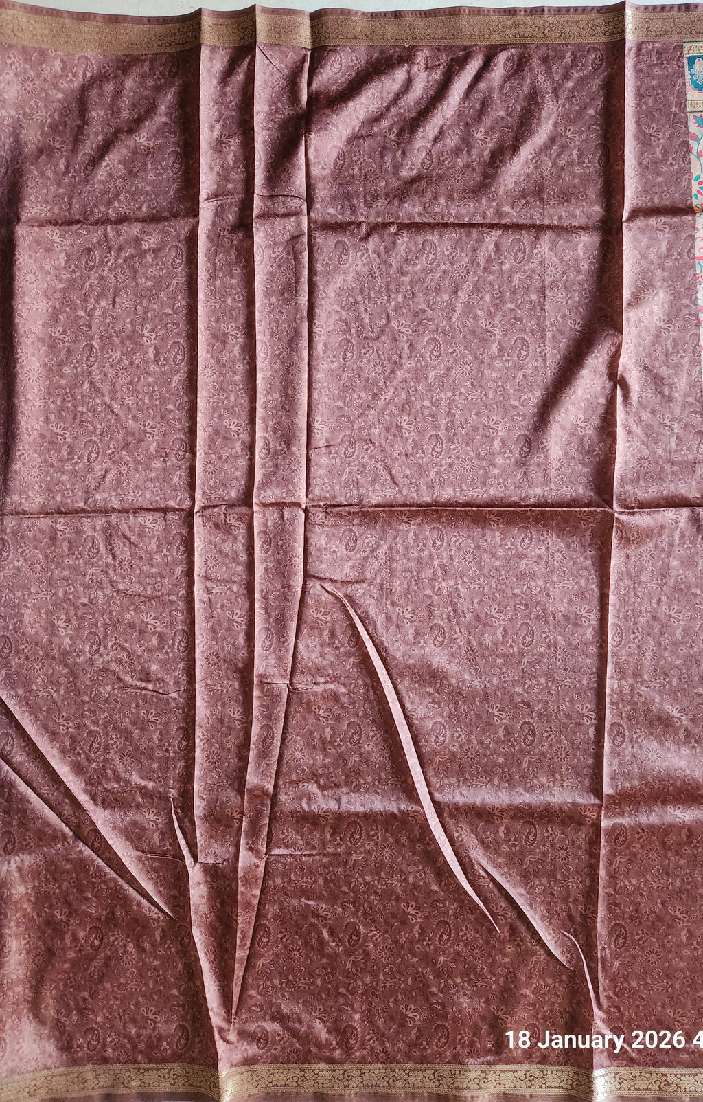 Handcrafted Floral Saree with Mughal-Inspired Border - Beige