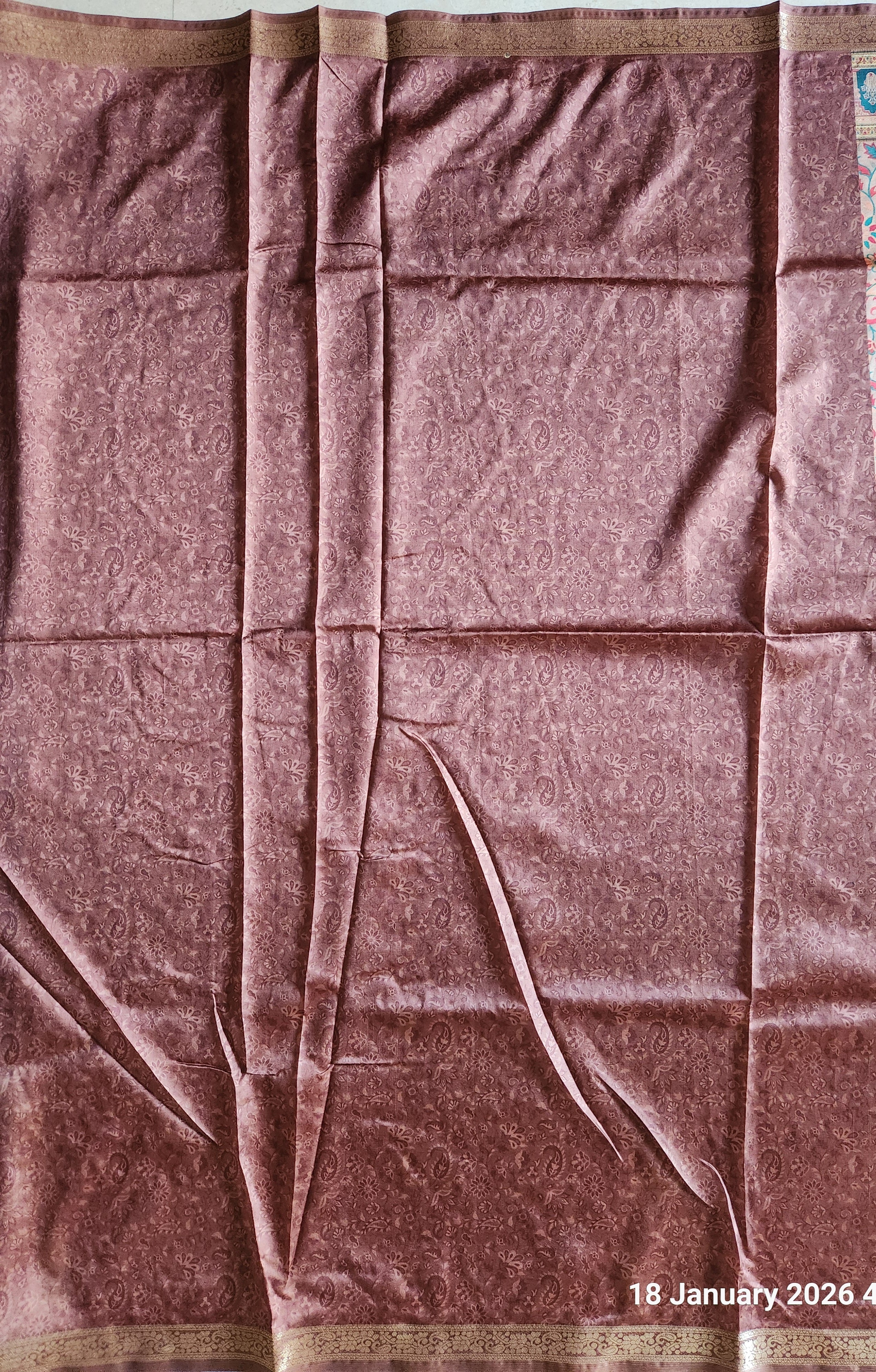 Handcrafted Floral Saree with Mughal-Inspired Border - Beige