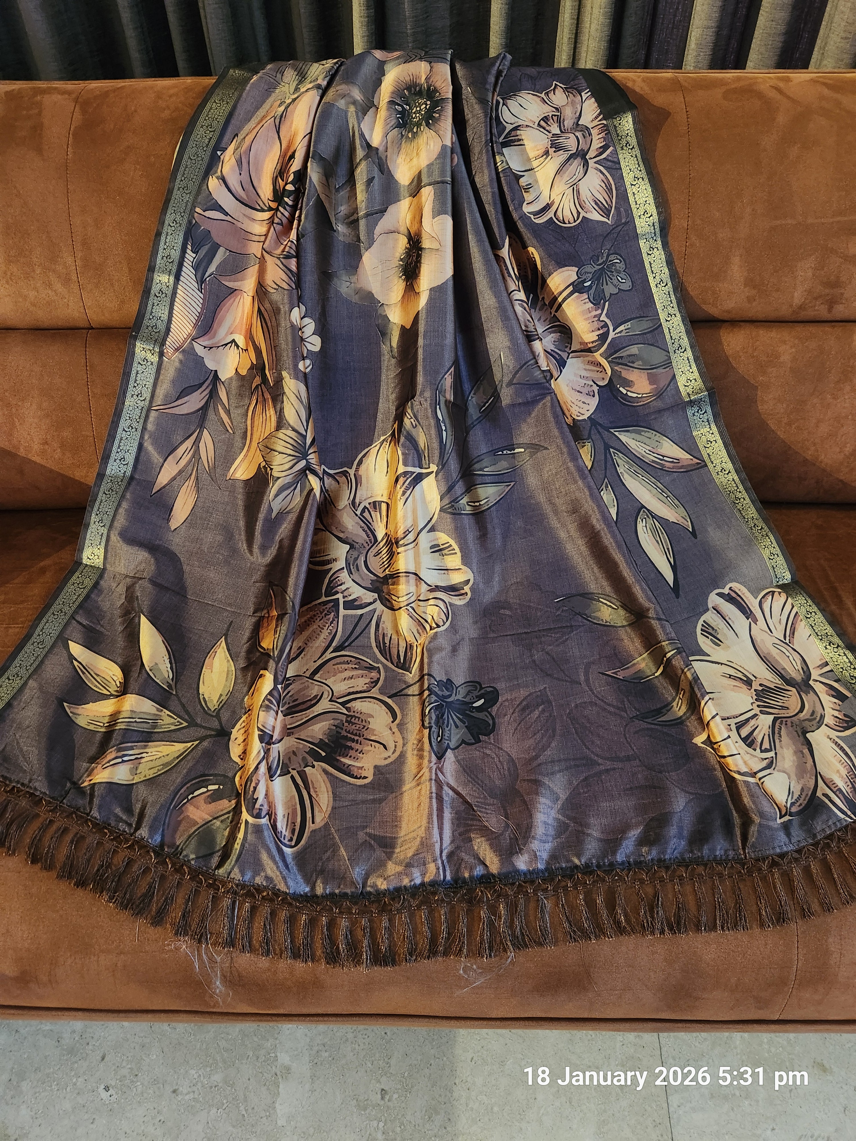 Tussar silk Floral Pattern - Dark Brown