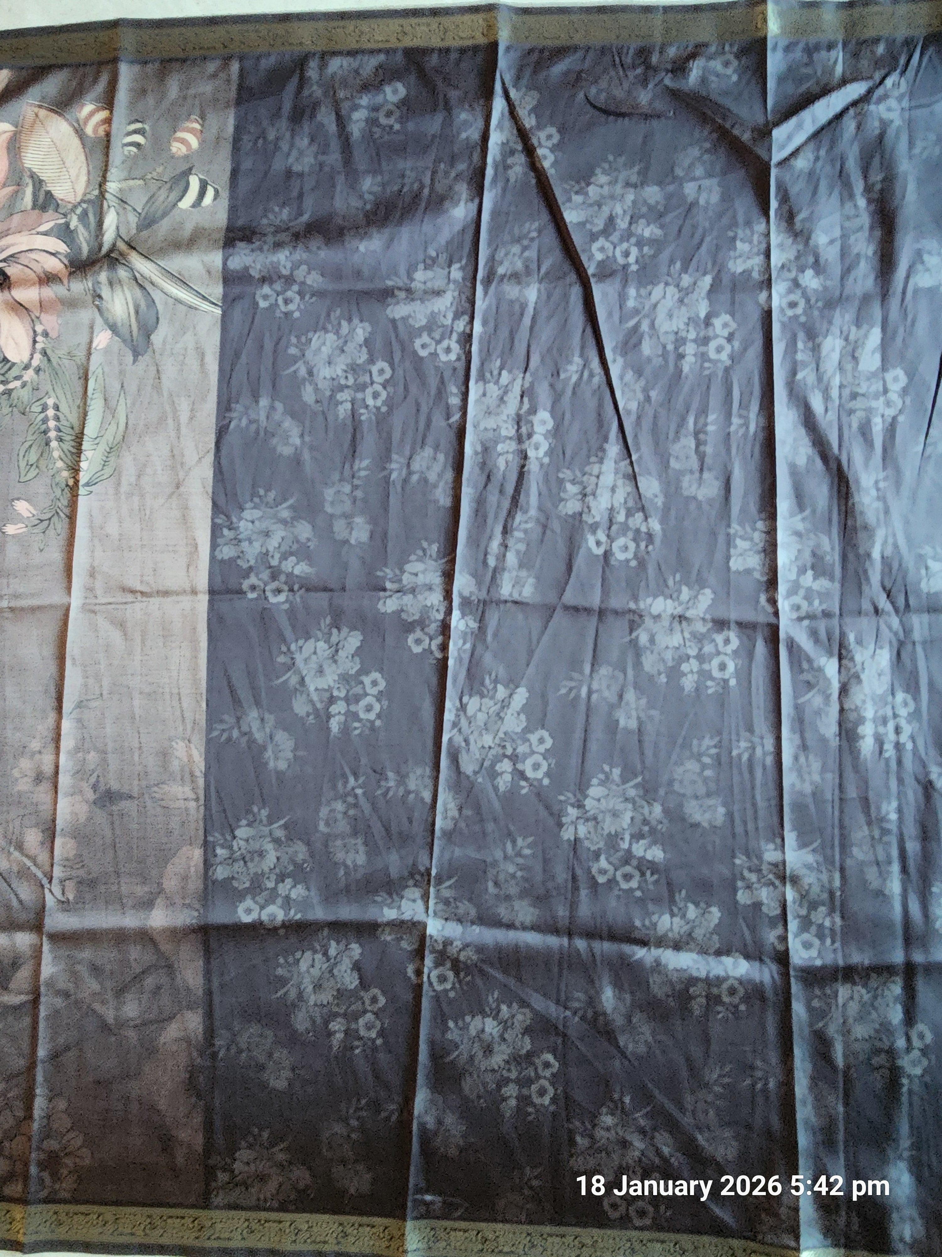 Tussar silk Floral Pattern - Dark Brown