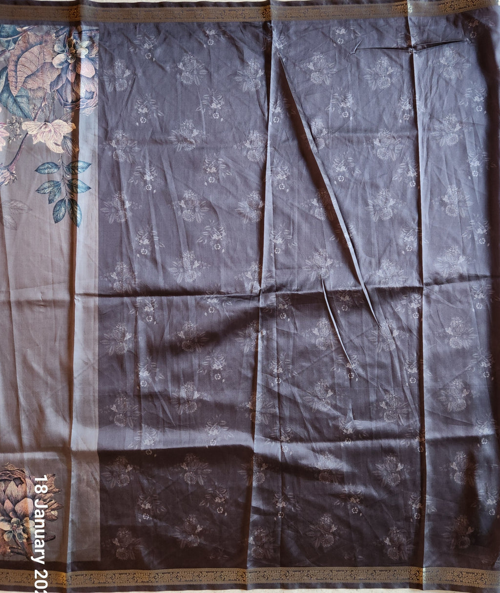 Floral Print Saree with Traditional Zari Border - Grey