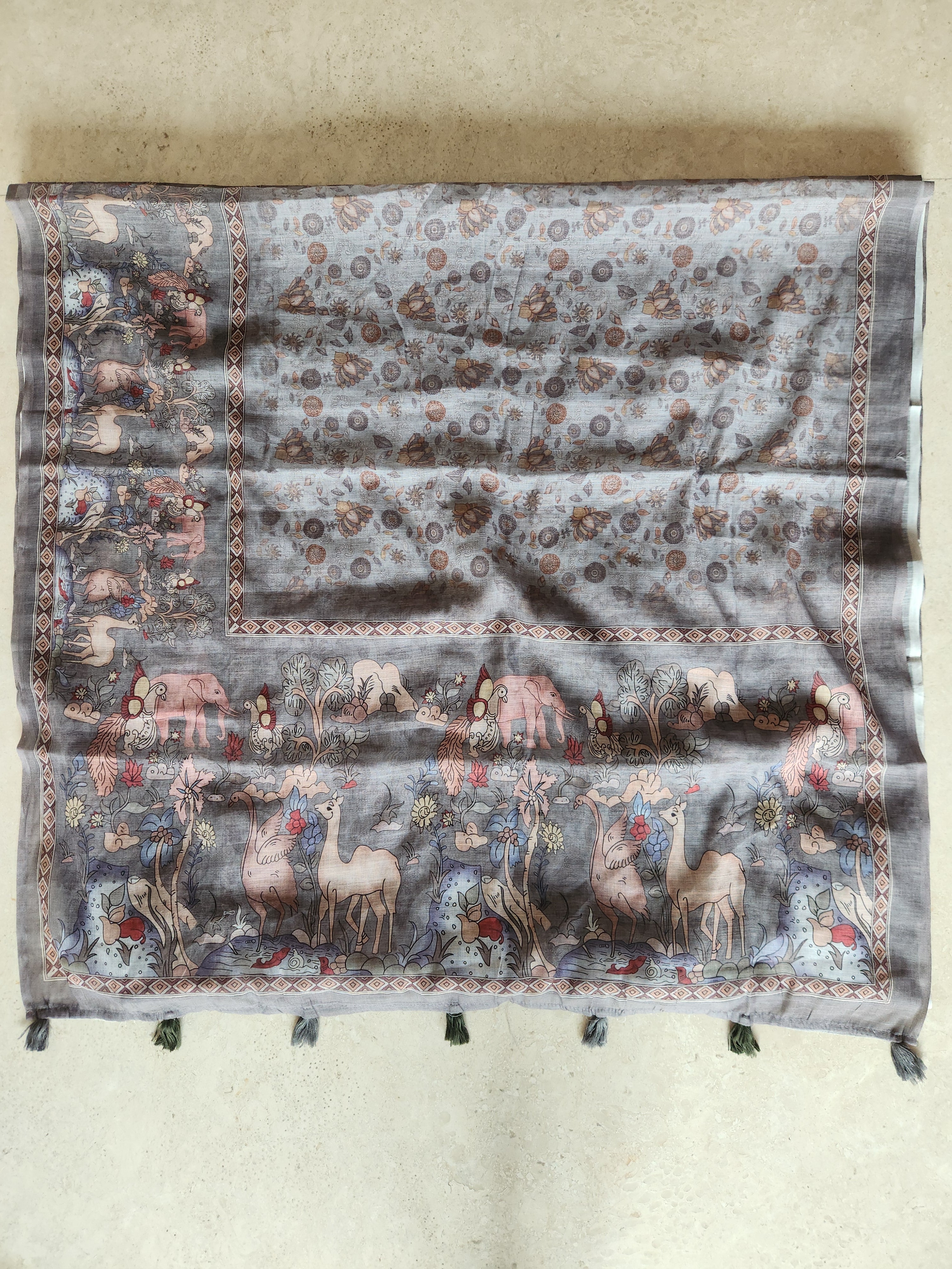 Pure linen Saree Forest Sceneary - Grey