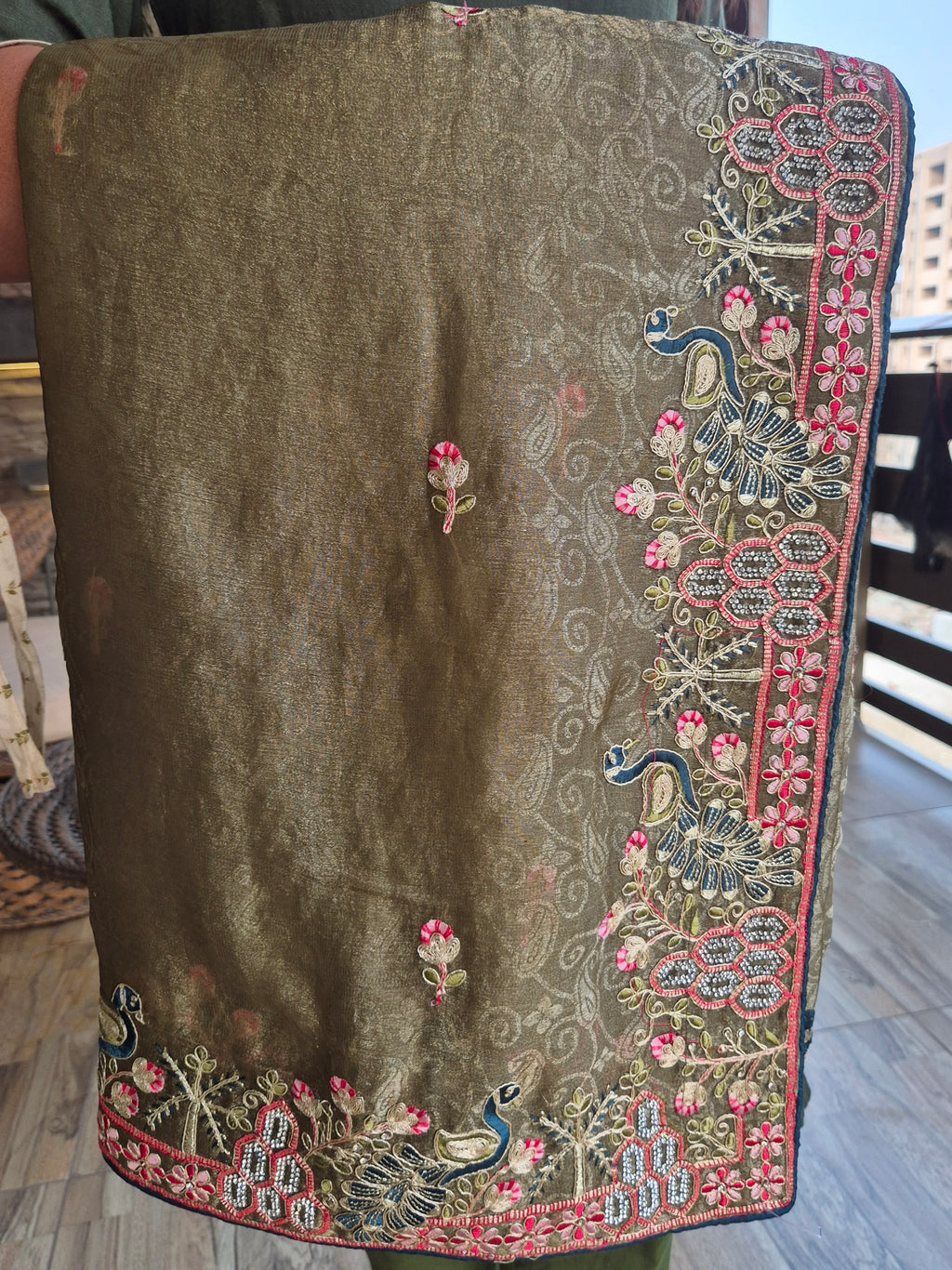 Peacock Garden: A Hand-Embroidered Heirloom Saree - Green