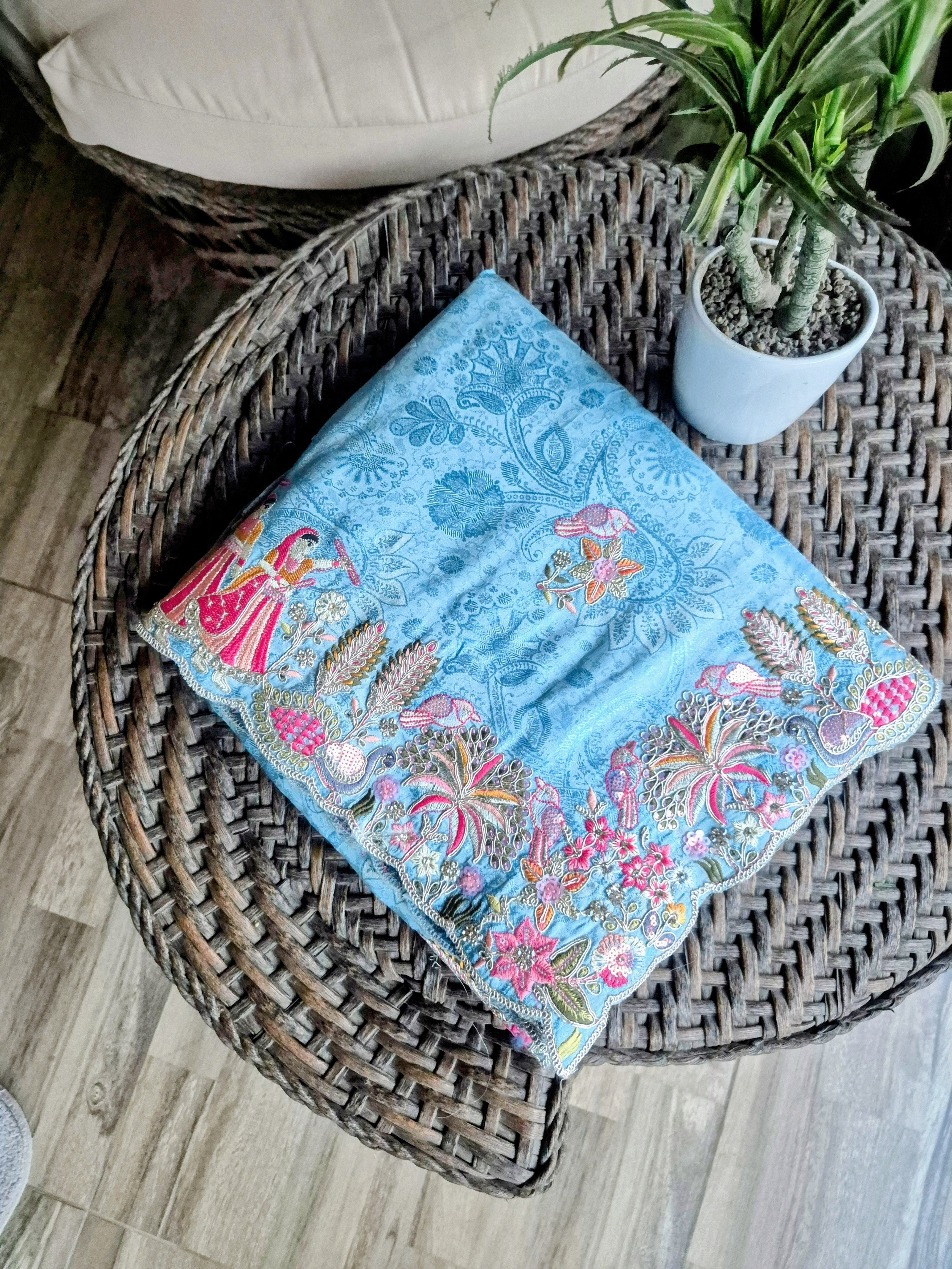 Pearl Mist Saree with Ziraf Work Embroidery Soft Sky Blue