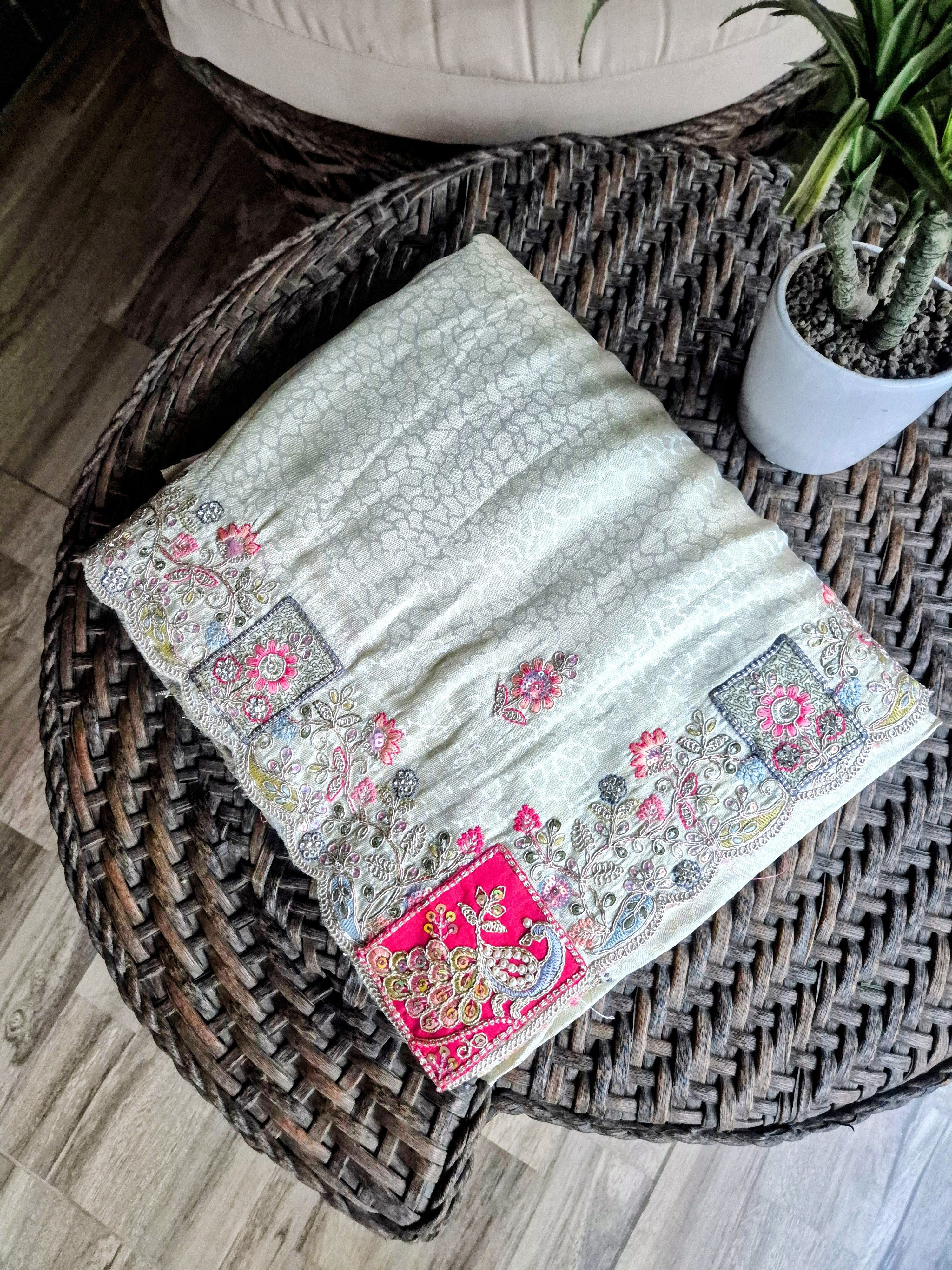 Pearl Mist Saree with Ziraf Work Embroidery Soft Ivory