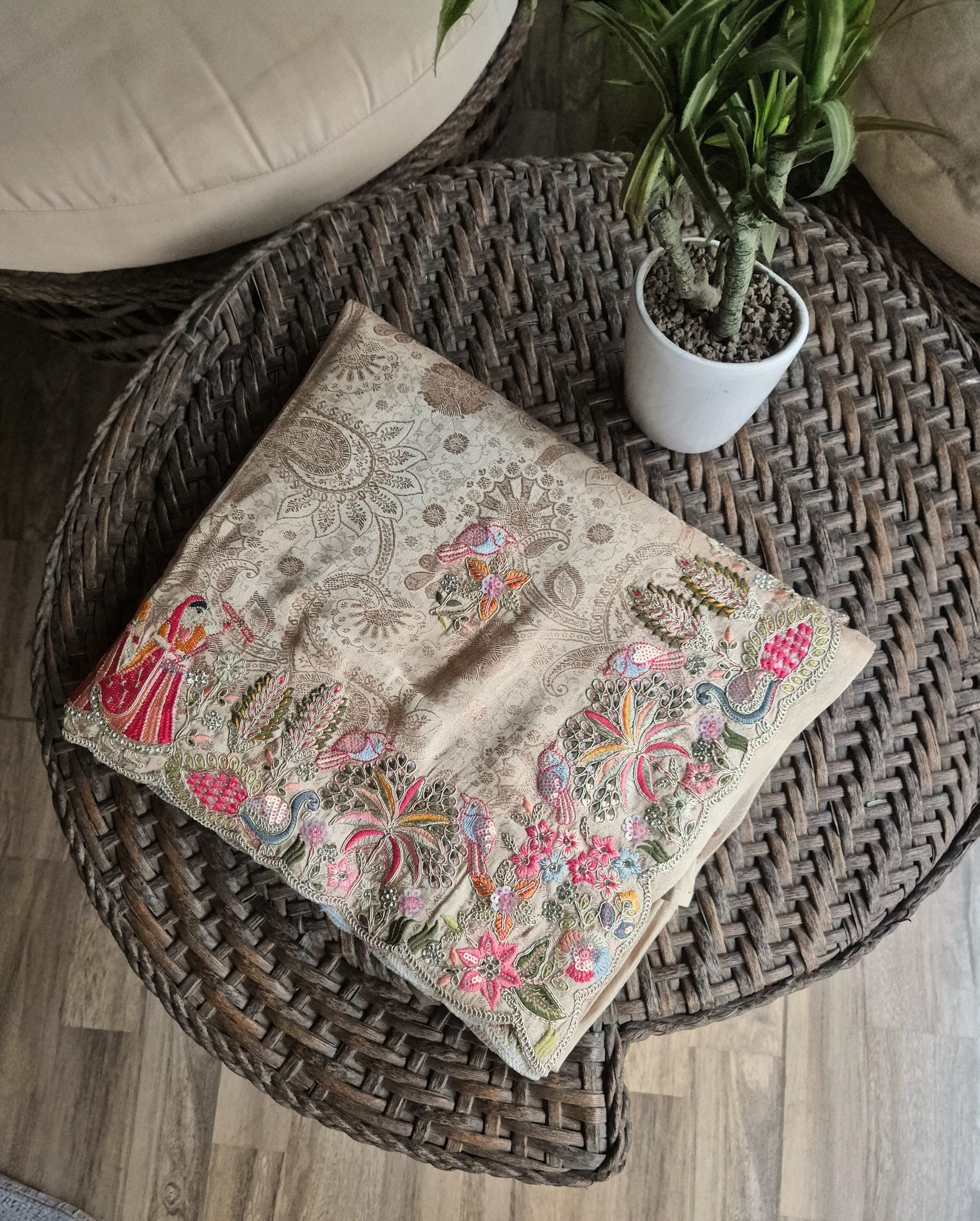 Pearl Mist Saree with Ziraf Work Embroidery Soft Beige