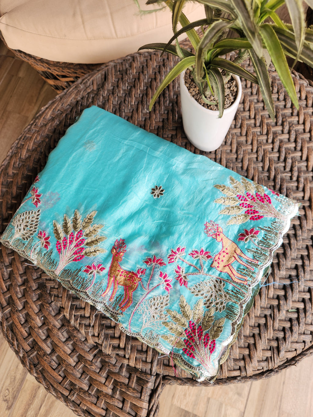 Designer Pista Sky Saree with Floral Border