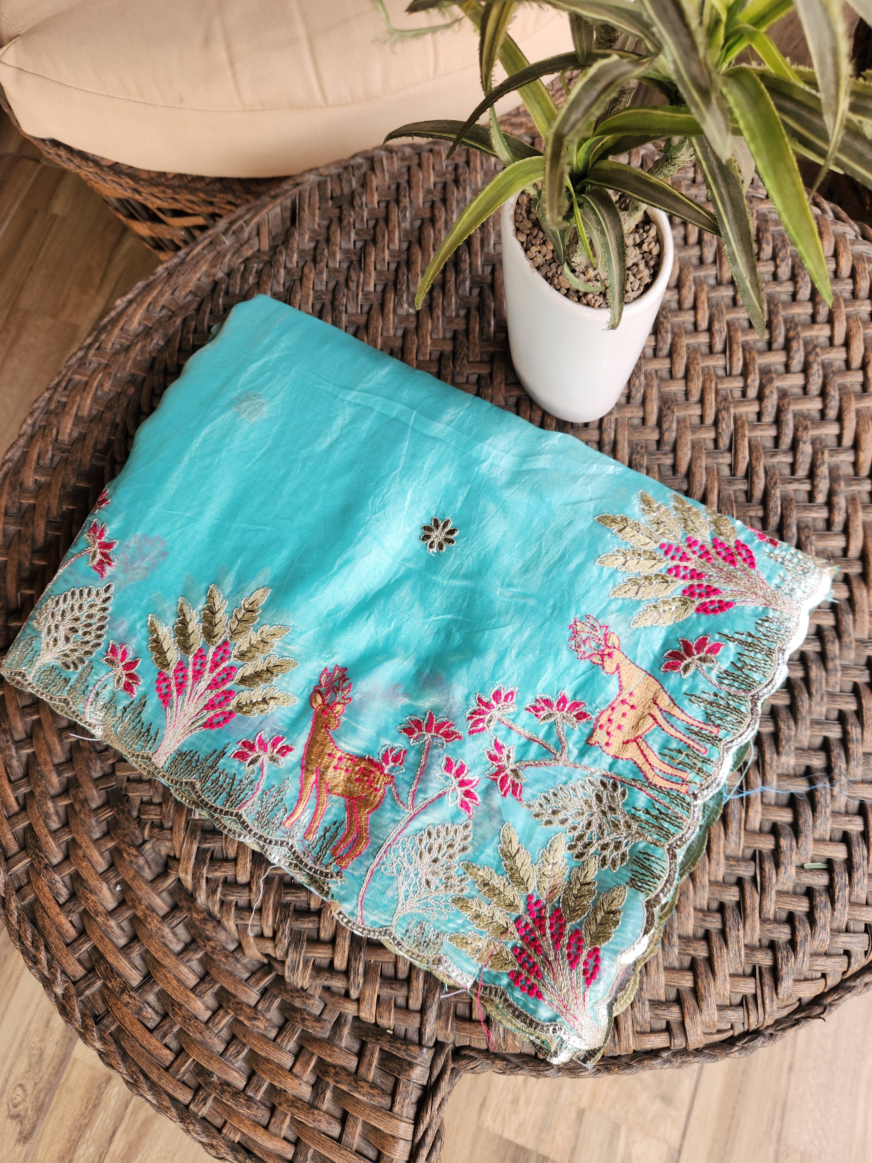 Designer Pista Sky Saree with Floral Border