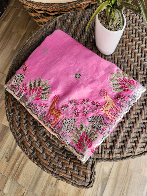 Designer Baby Pink Water Saree with Floral Border