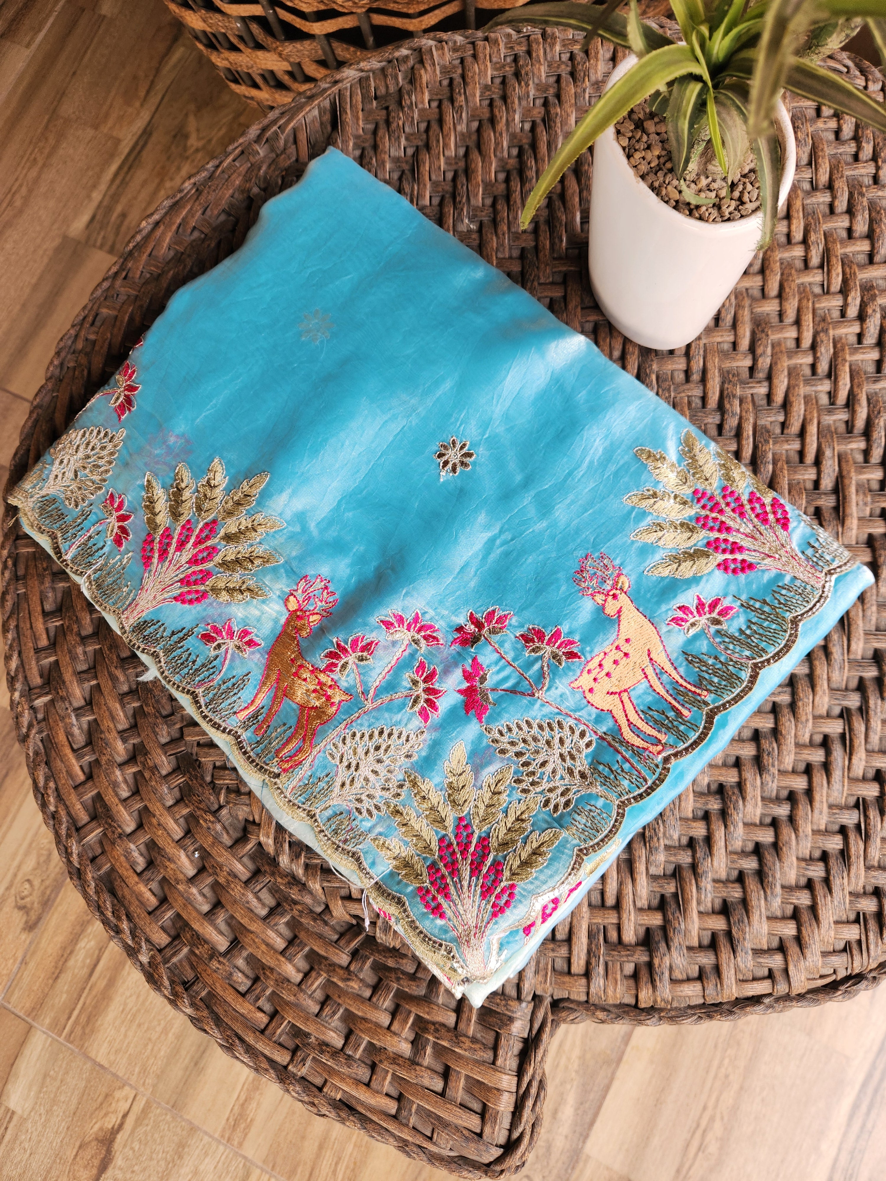 Designer Elaichi Water Saree with Floral Border