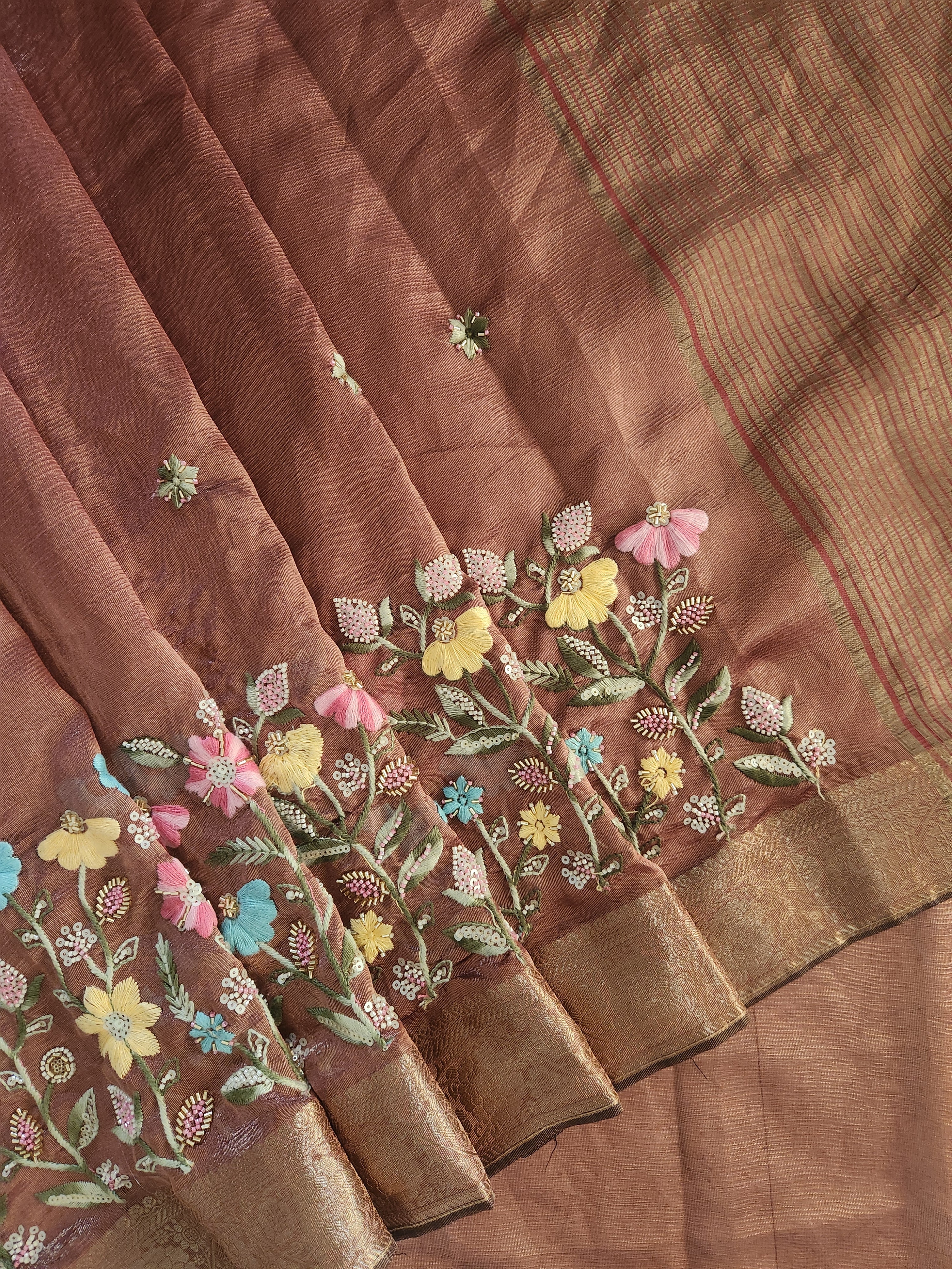 Floral Hand Embroidered Saree with Gold Finish  - Mocha Brown