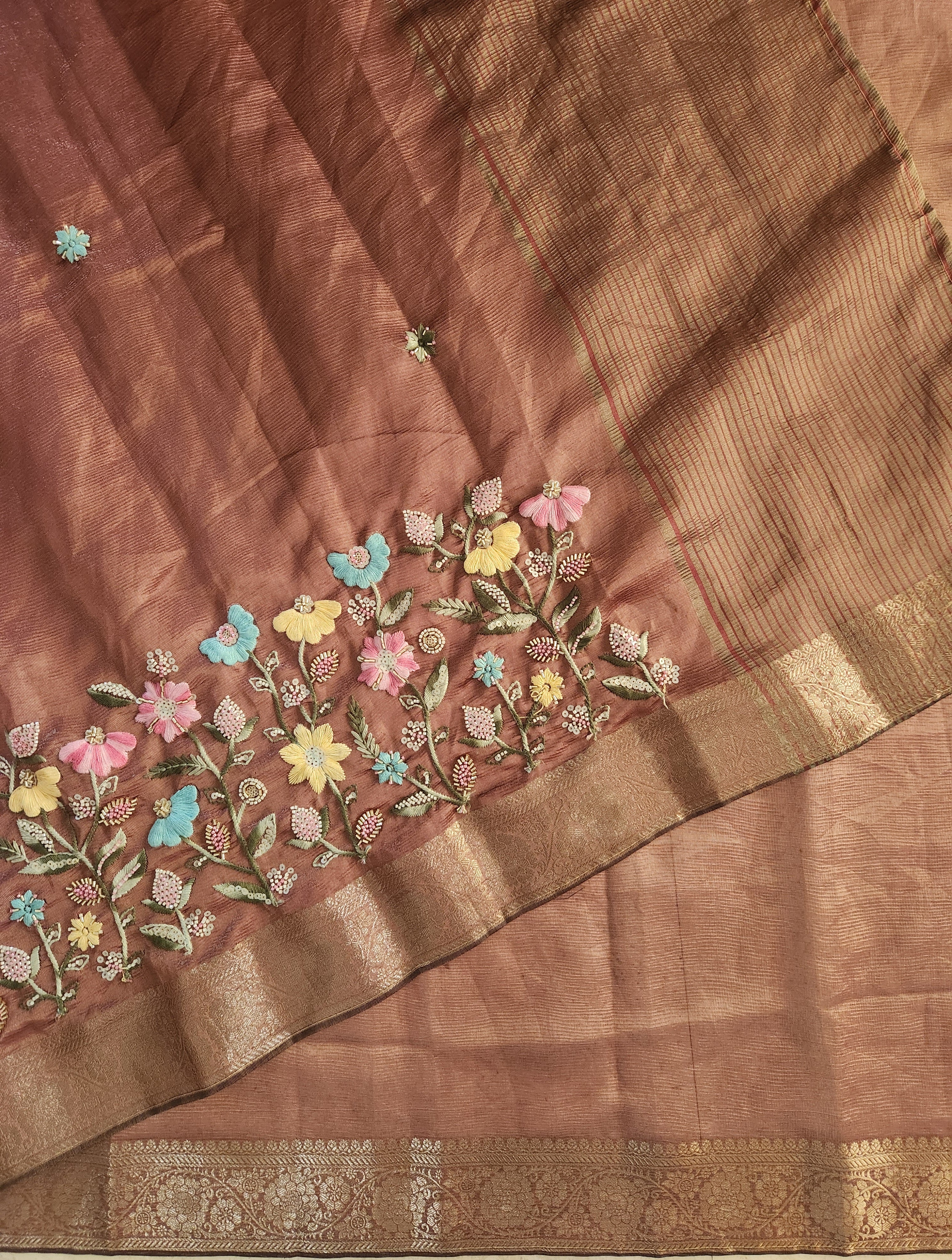 Floral Hand Embroidered Saree with Gold Finish  - Mocha Brown