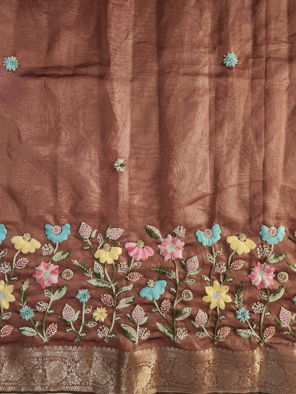 Floral Hand Embroidered Saree with Gold Finish  - Mocha Brown