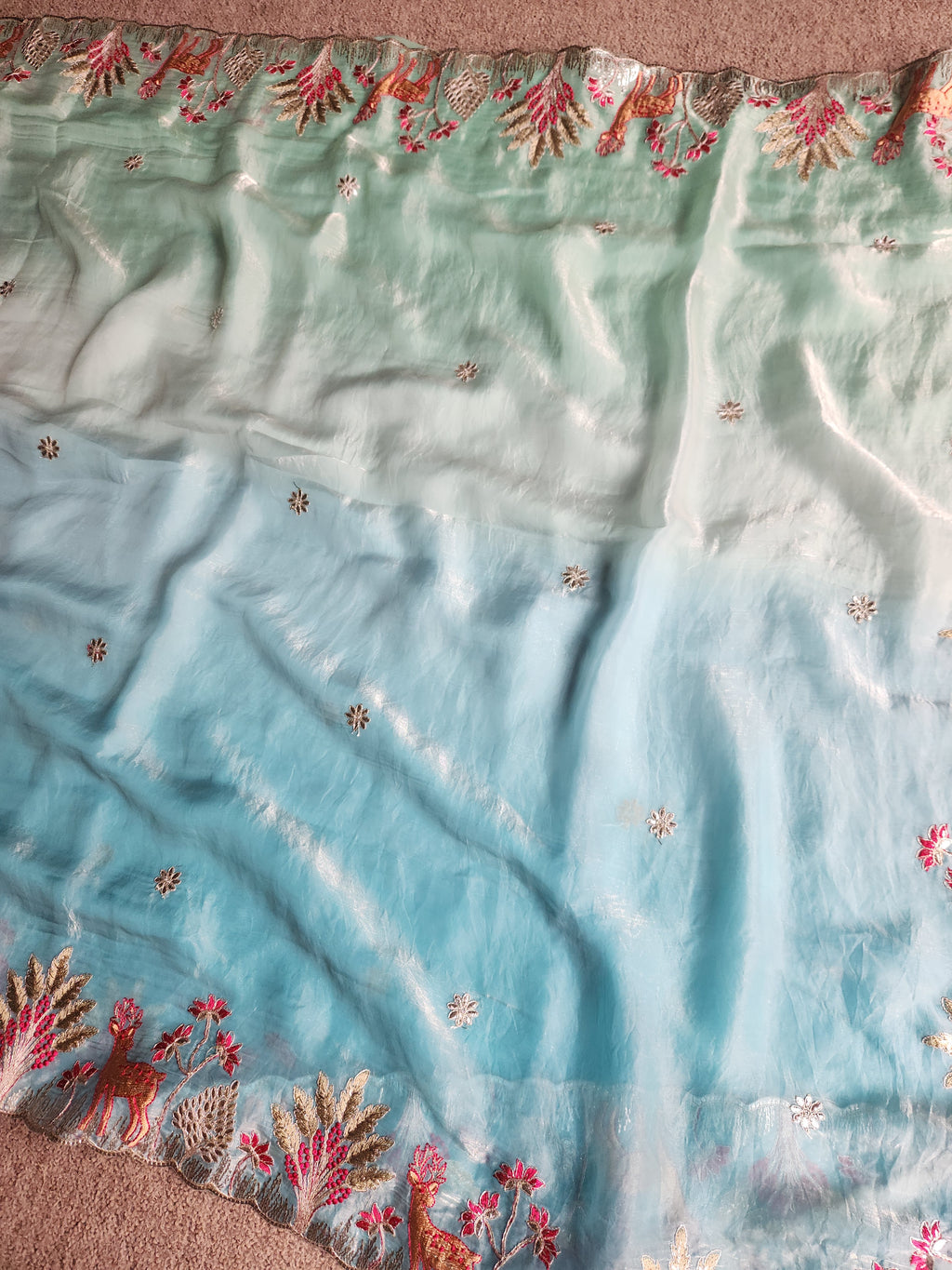 Designer Pista Sky Saree with Floral Border