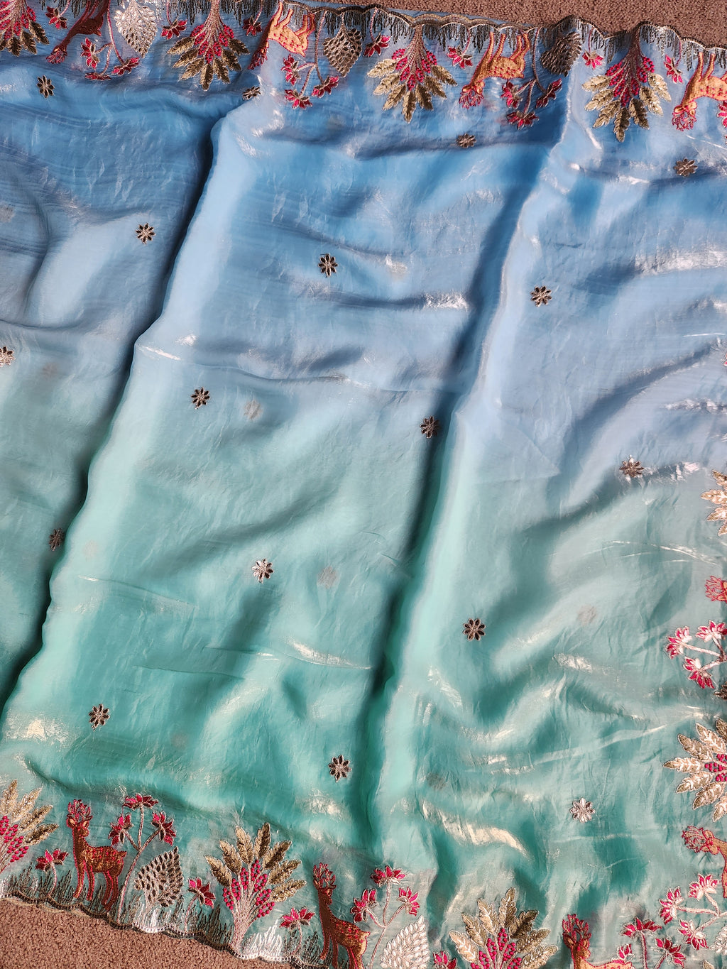 Designer Elaichi Water Saree with Floral Border