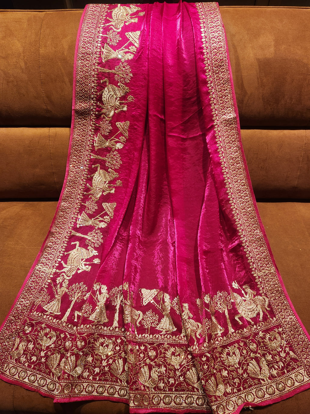 Royal Darbar Hand Embroidered Saree in  - Rani