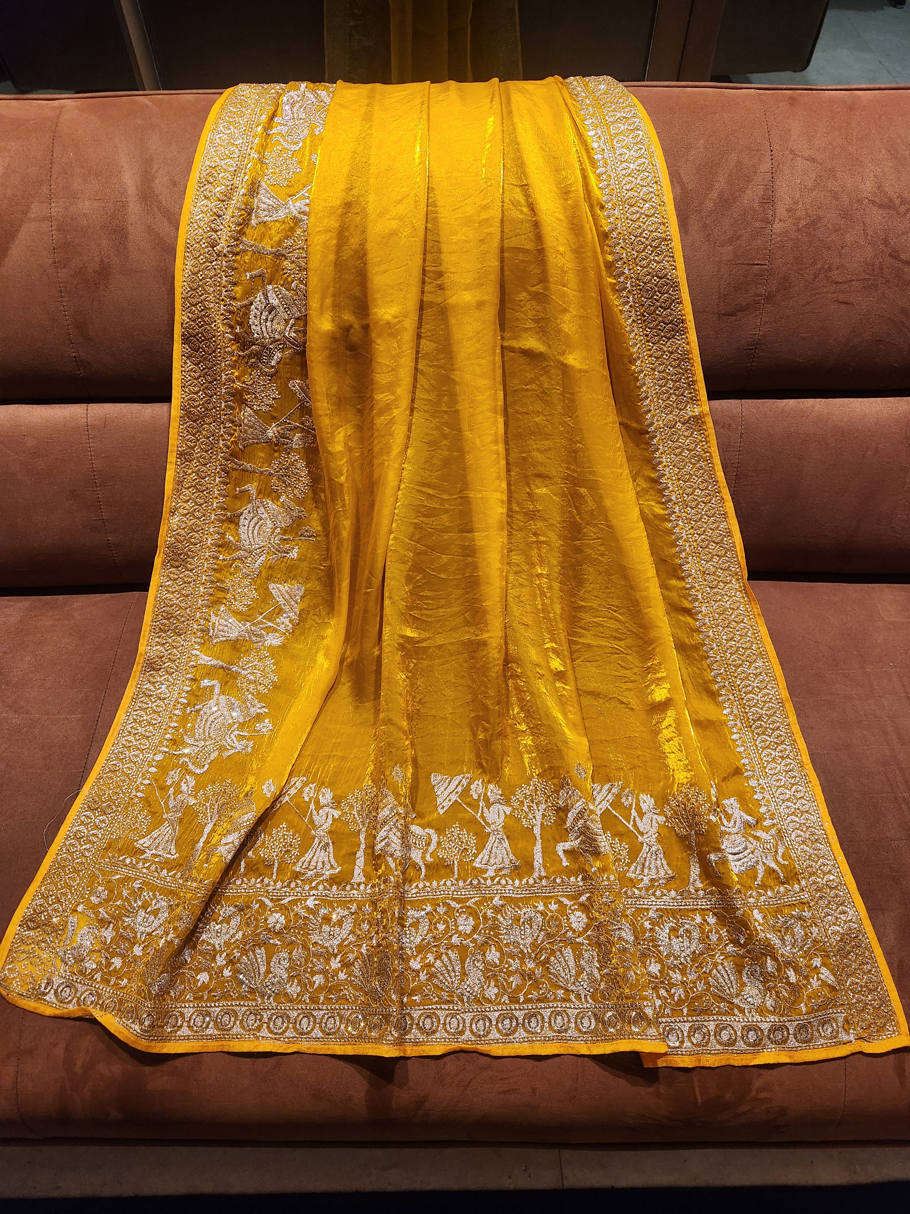 Royal Darbar Hand Embroidered Saree in  - Yellow