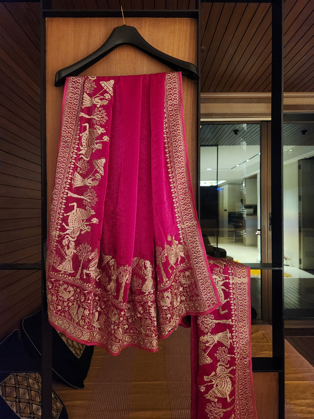 Royal Darbar Hand Embroidered Saree in  - Rani