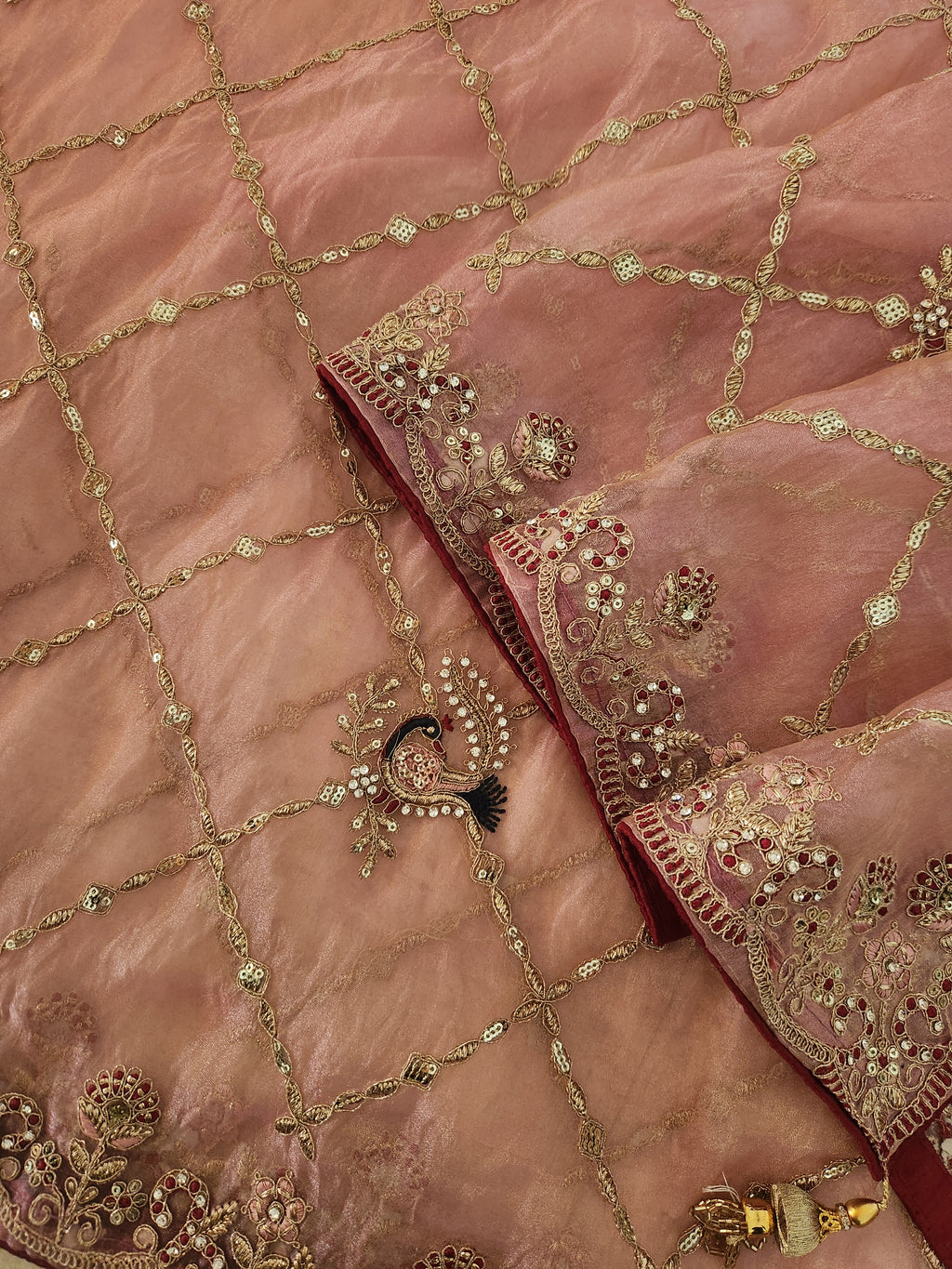 Blush Rose Hand Embroidered Saree with Peacock Motifs - Pink