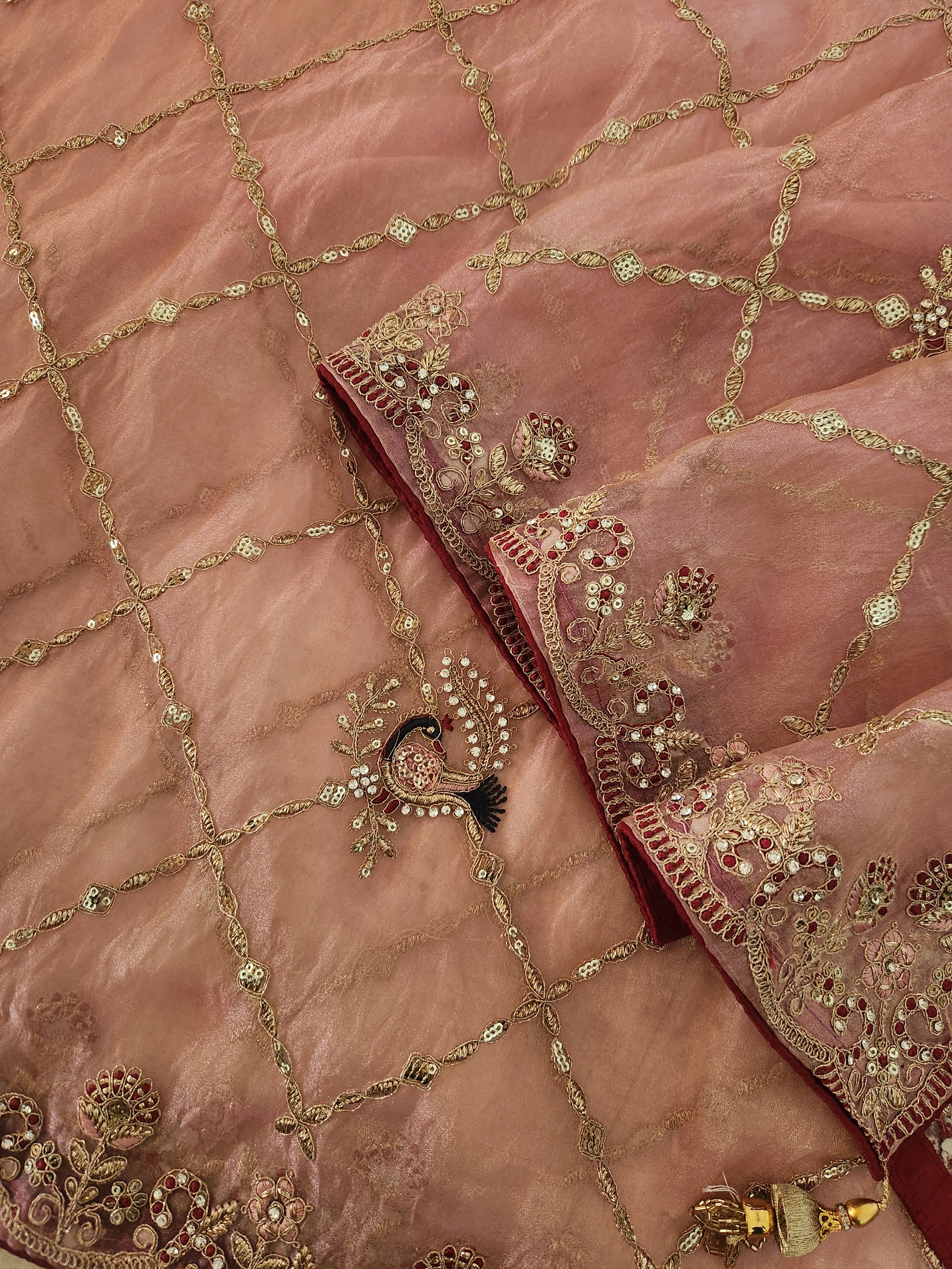 Blush Rose Hand Embroidered Saree with Peacock Motifs - Pink