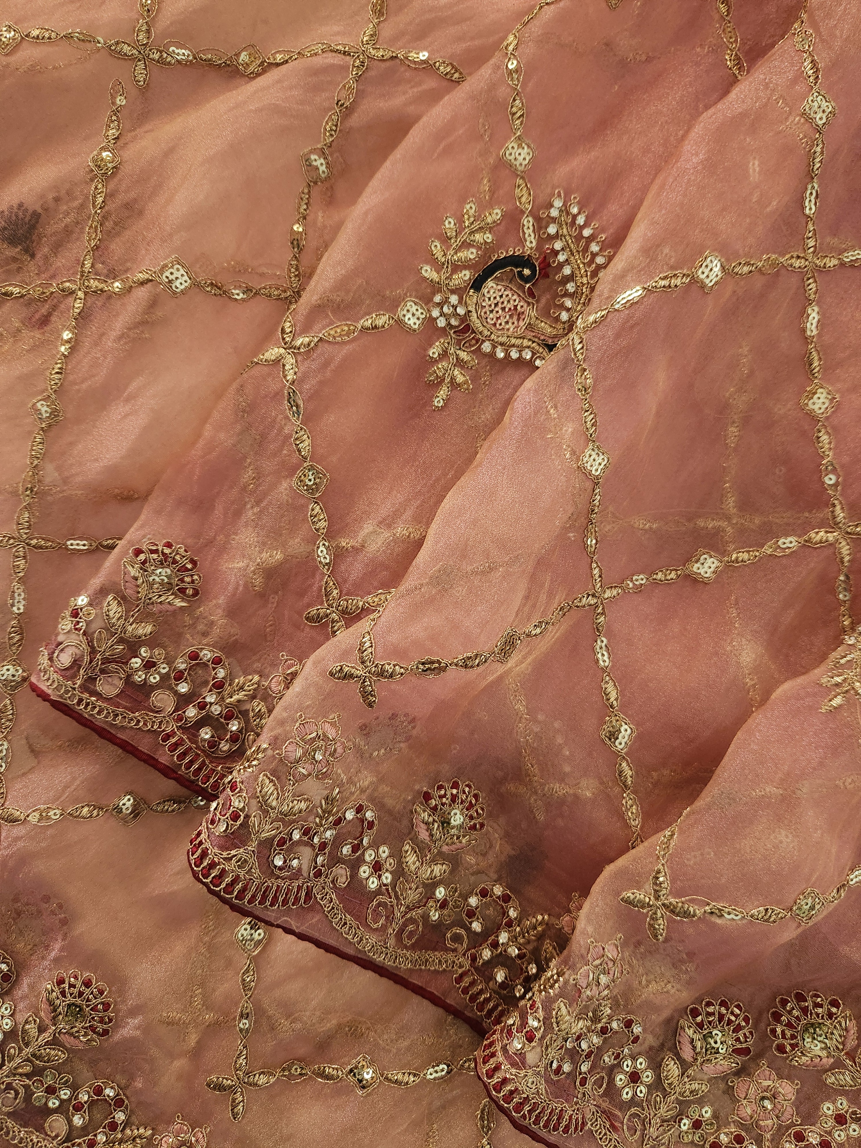 Blush Rose Hand Embroidered Saree with Peacock Motifs - Pink