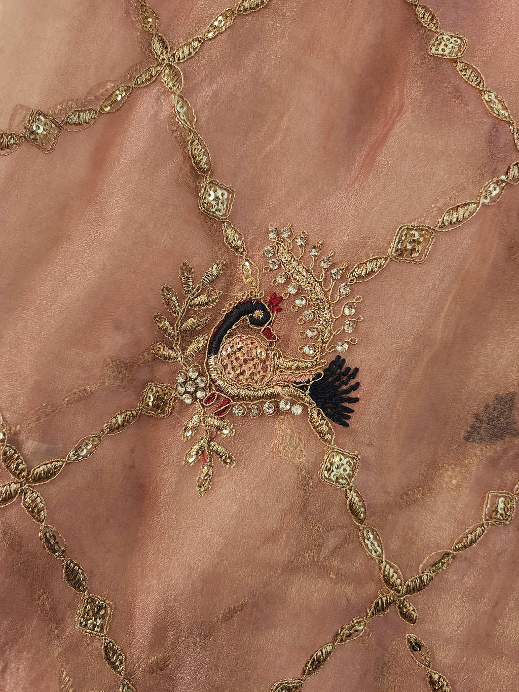 Blush Rose Hand Embroidered Saree with Peacock Motifs - Pink