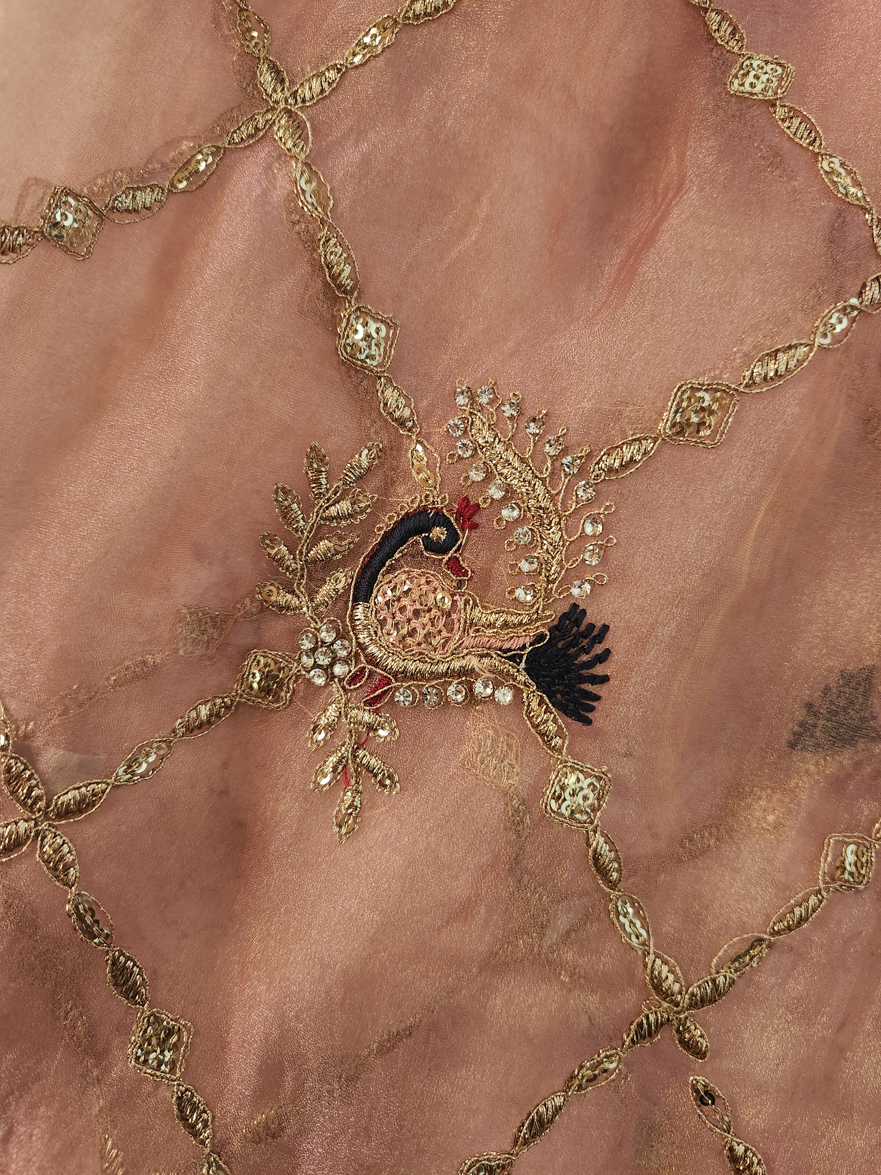 Blush Rose Hand Embroidered Saree with Peacock Motifs - Pink