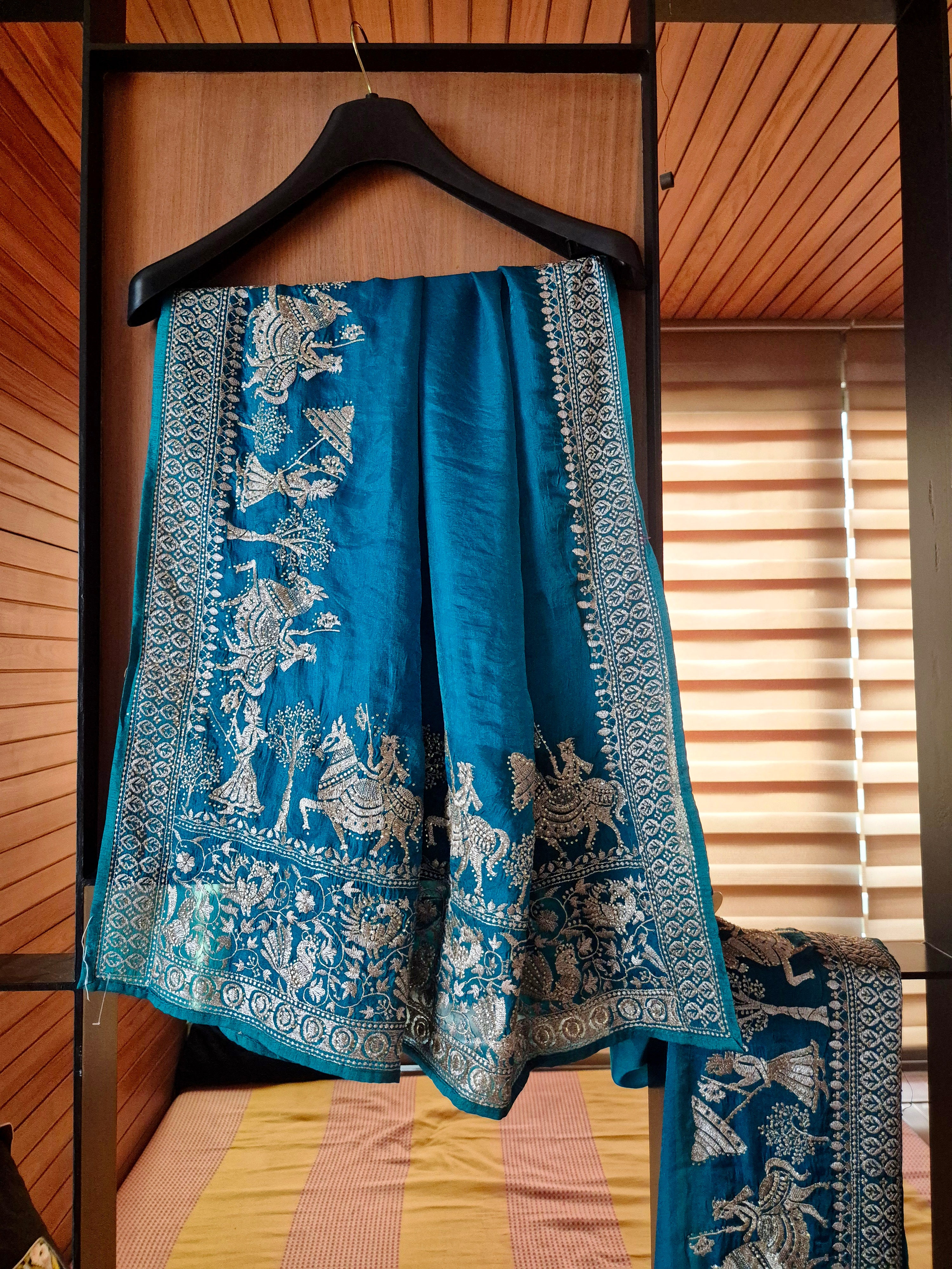 Royal Darbar Hand Embroidered Saree in Deep Teal - Green