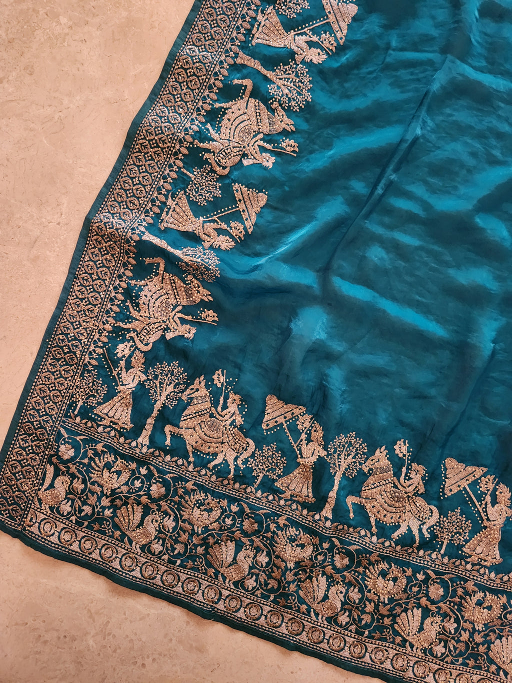 Royal Darbar Hand Embroidered Saree in Deep Teal - Green