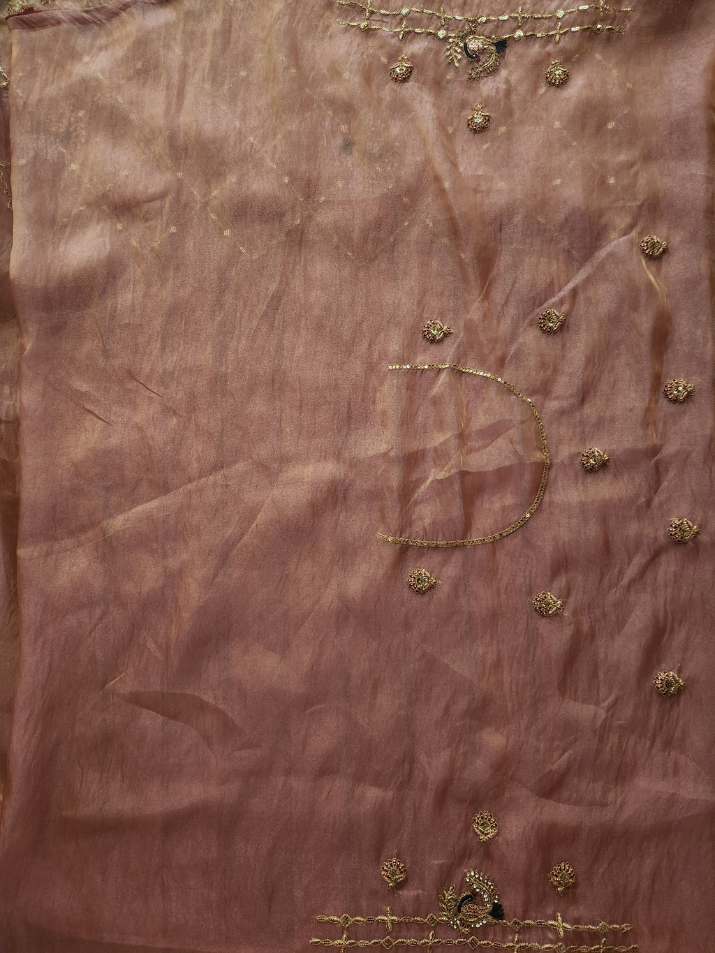 Blush Rose Hand Embroidered Saree with Peacock Motifs - Pink