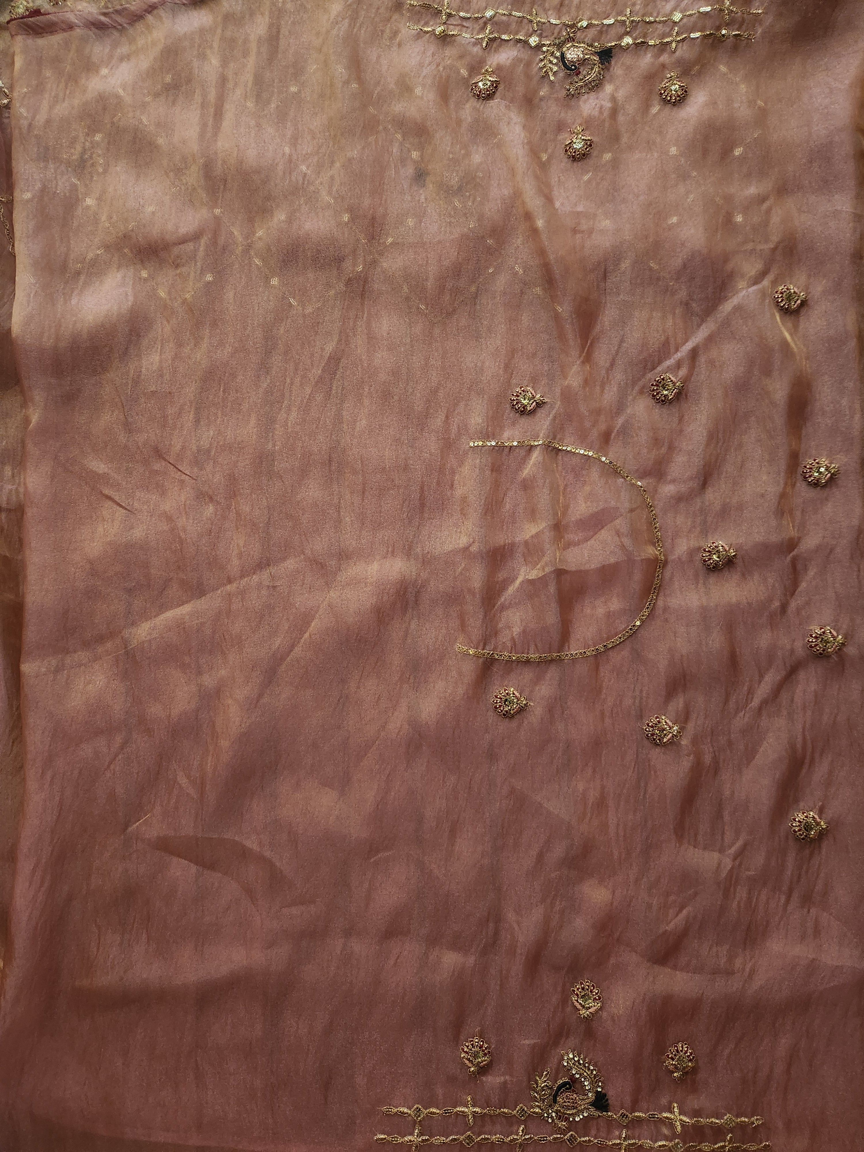 Blush Rose Hand Embroidered Saree with Peacock Motifs - Pink