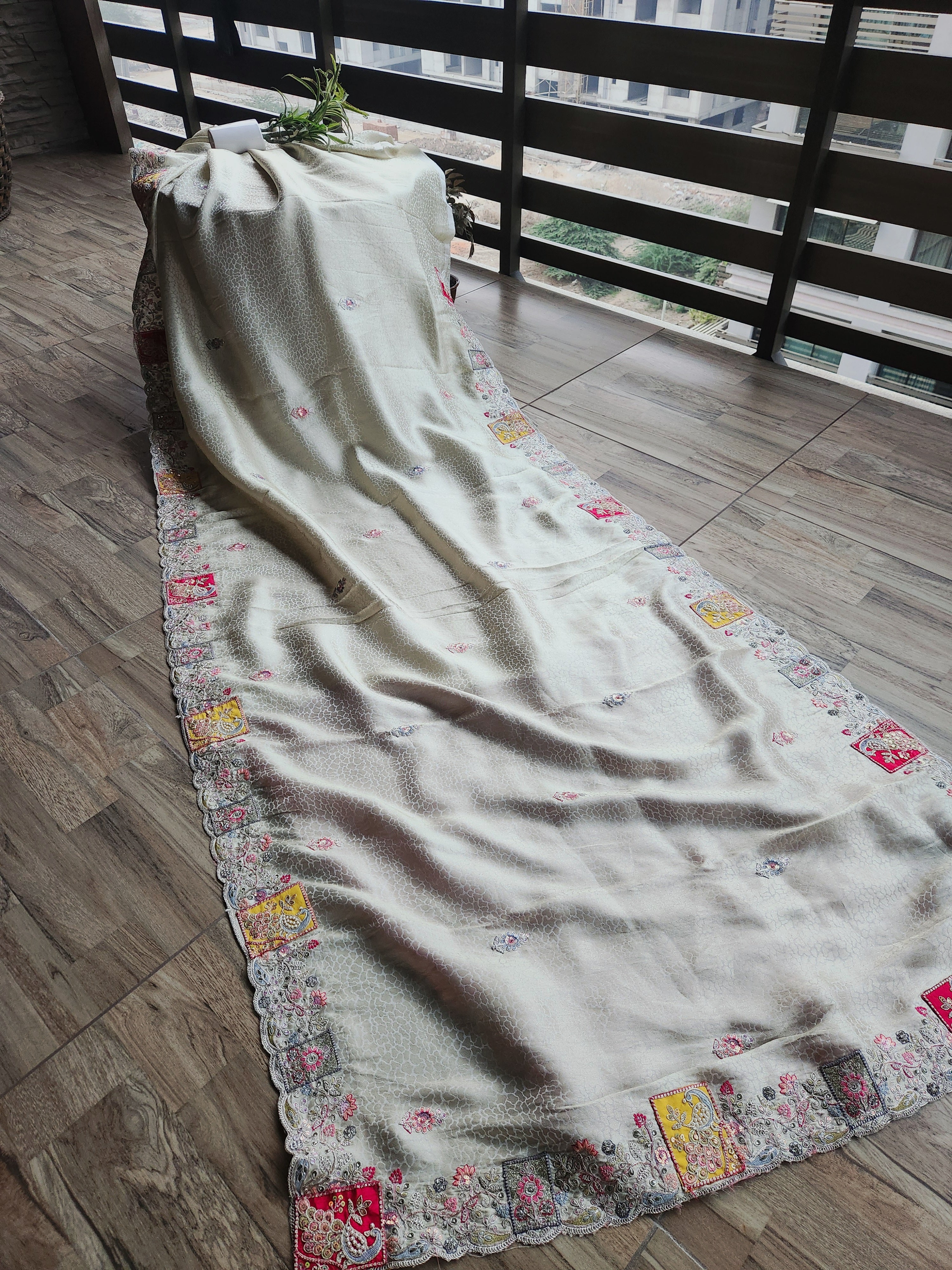 Pearl Mist Saree with Ziraf Work Embroidery Soft Ivory