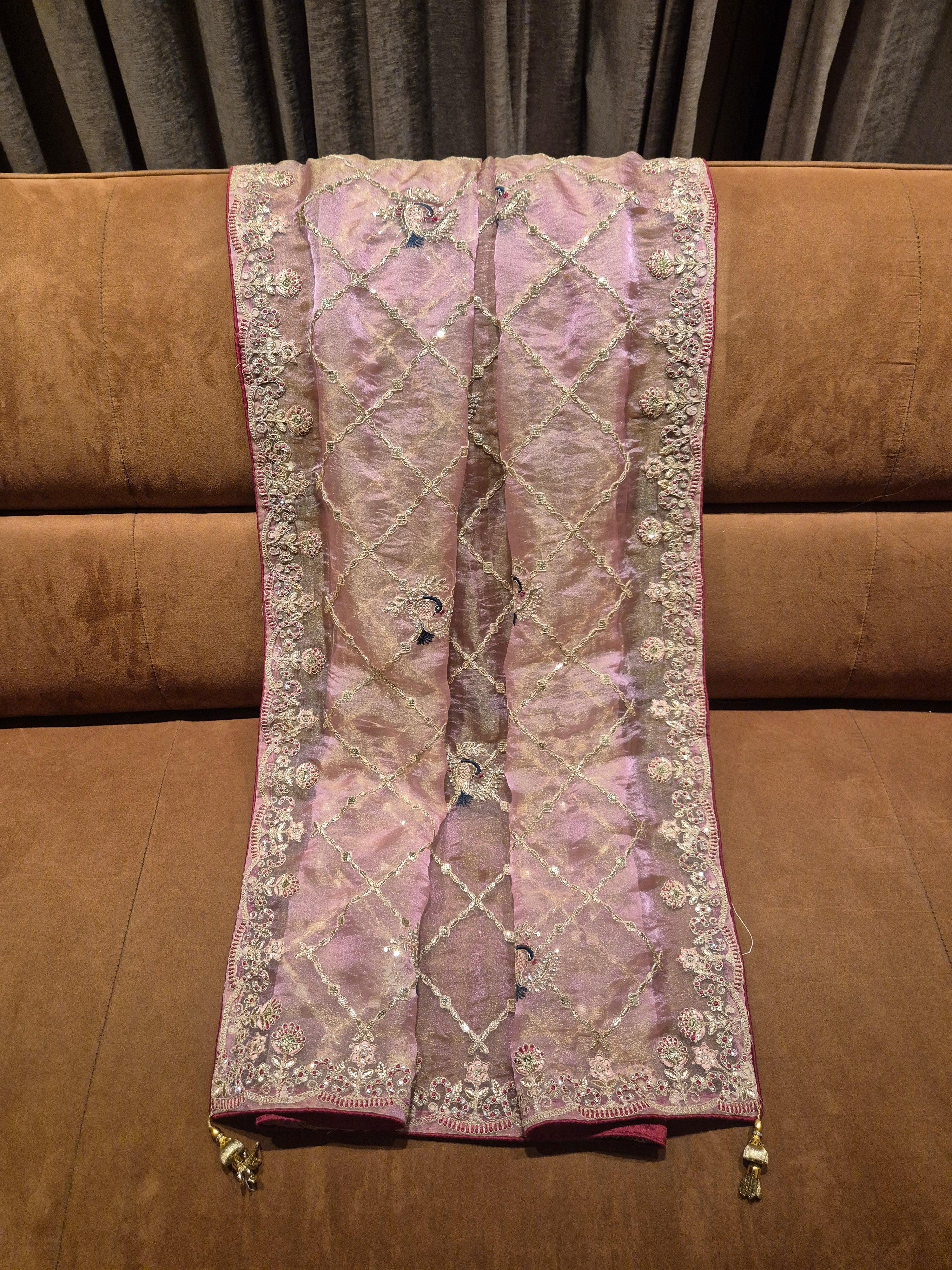 Blush Rose Hand Embroidered Saree with Peacock Motifs - Pink