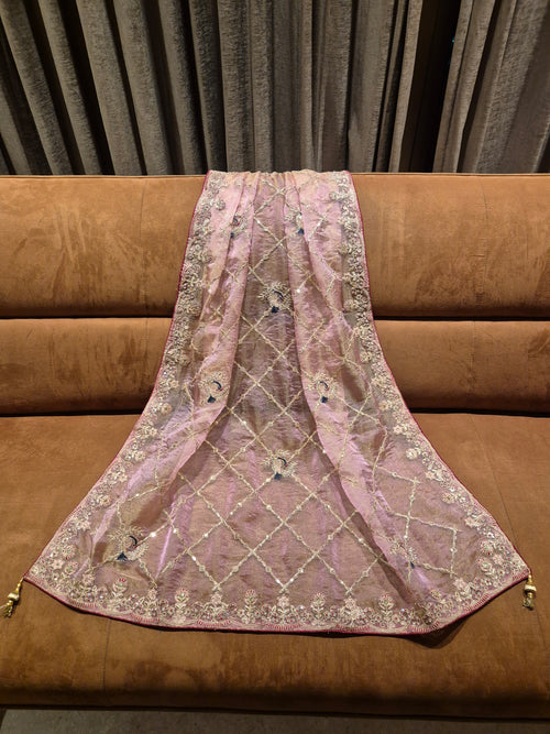 Blush Rose Hand Embroidered Saree with Peacock Motifs - Pink