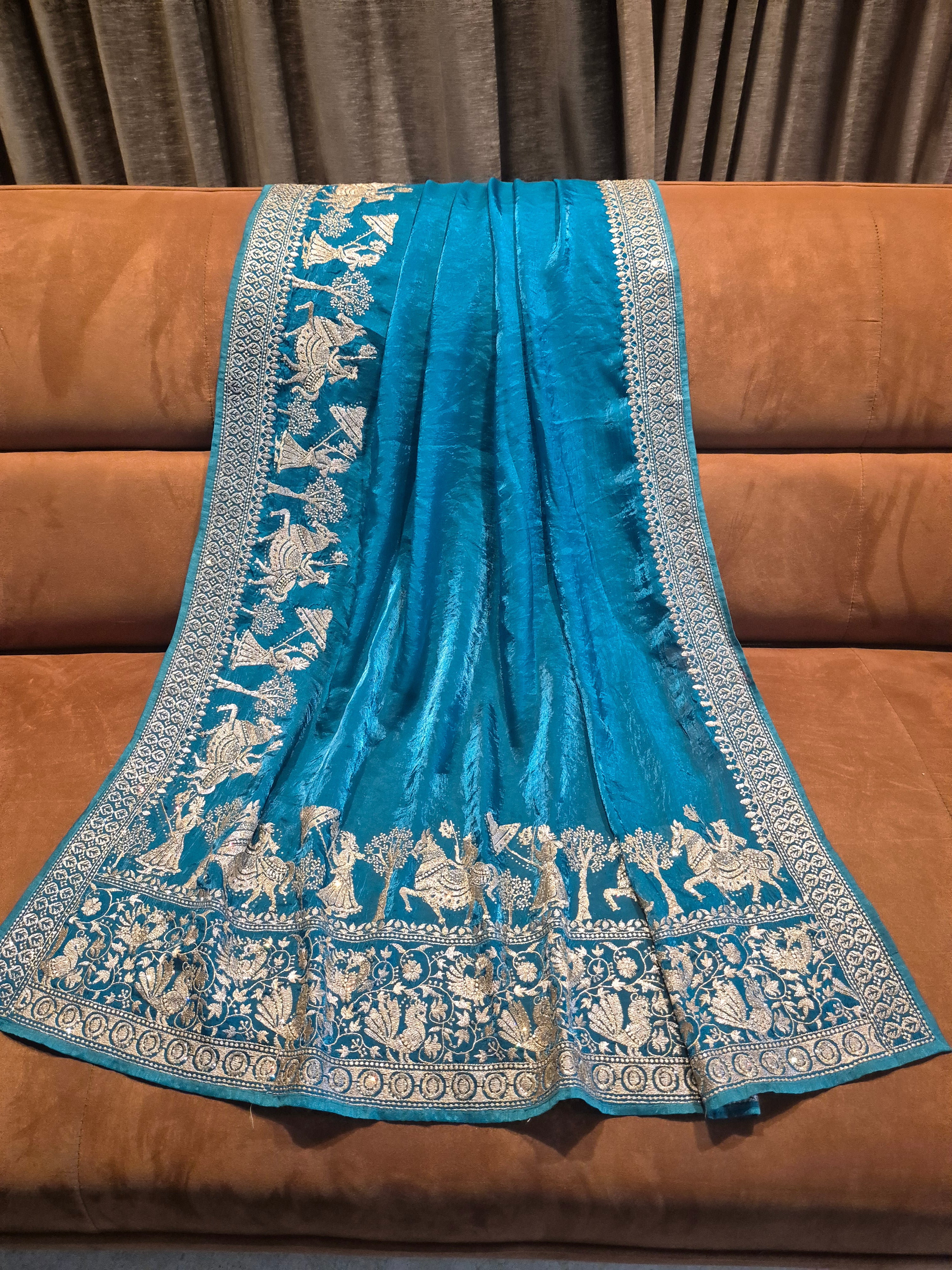 Royal Darbar Hand Embroidered Saree in Deep Teal - Green