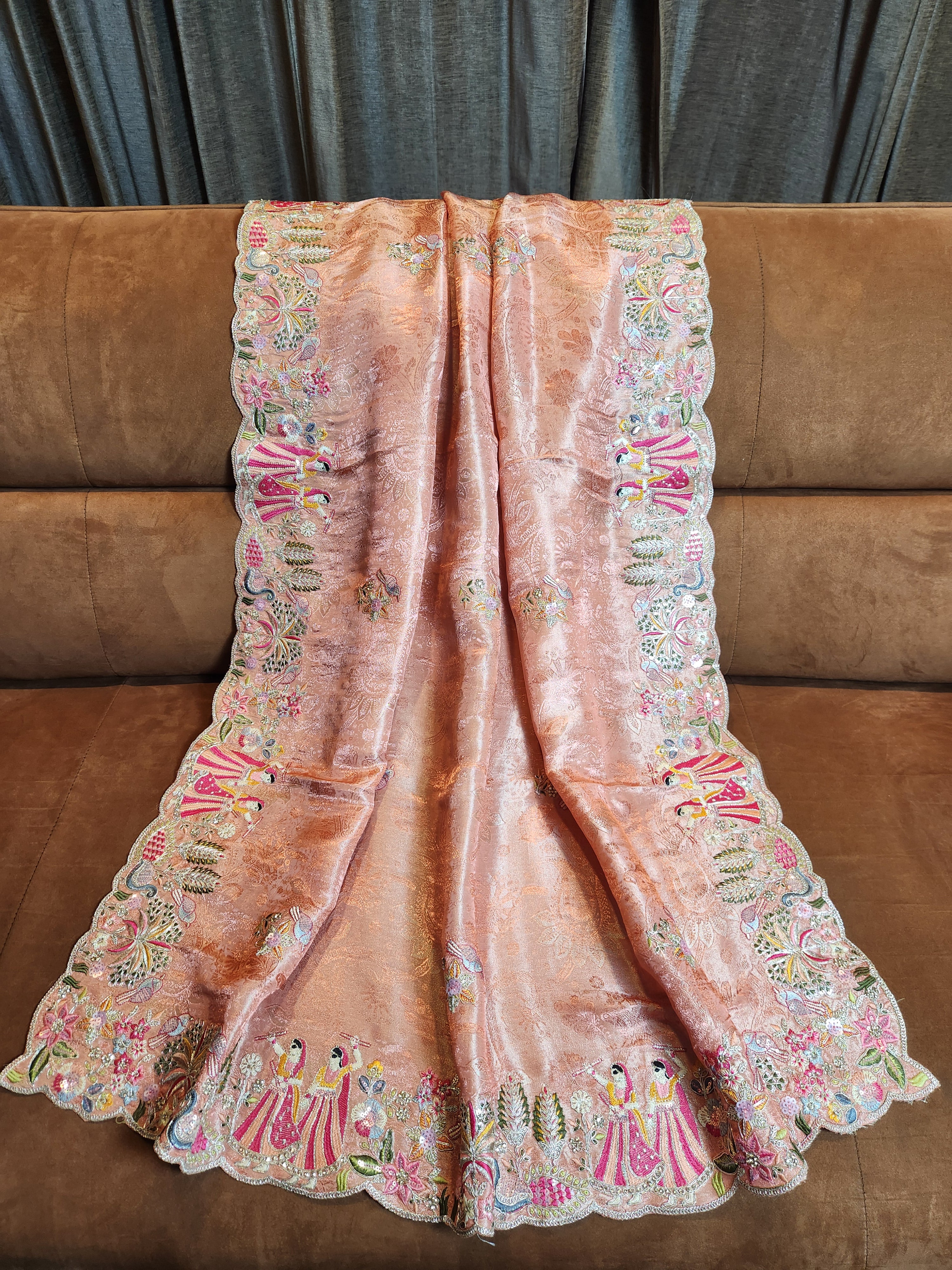 Pearl Mist Saree with Ziraf Work Embroidery Soft Copper Gold Sheen