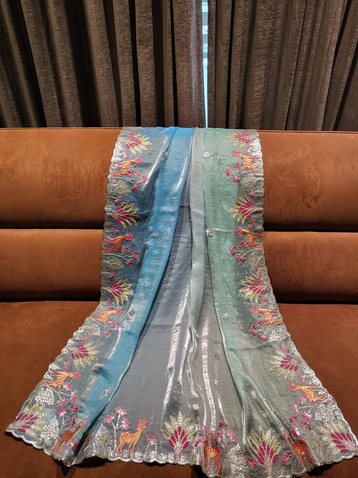 Designer Pista Sky Saree with Floral Border