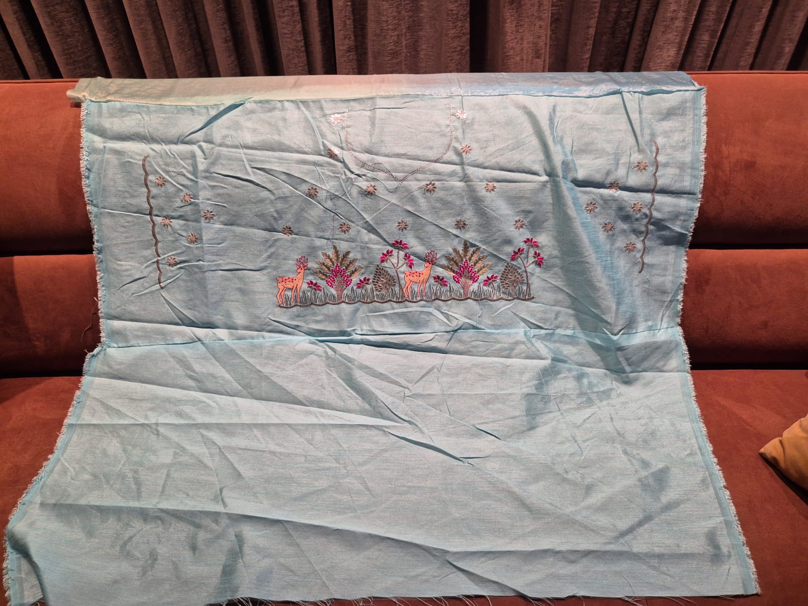 Designer Pista Sky Saree with Floral Border