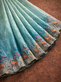 Designer Pista Sky Saree with Floral Border