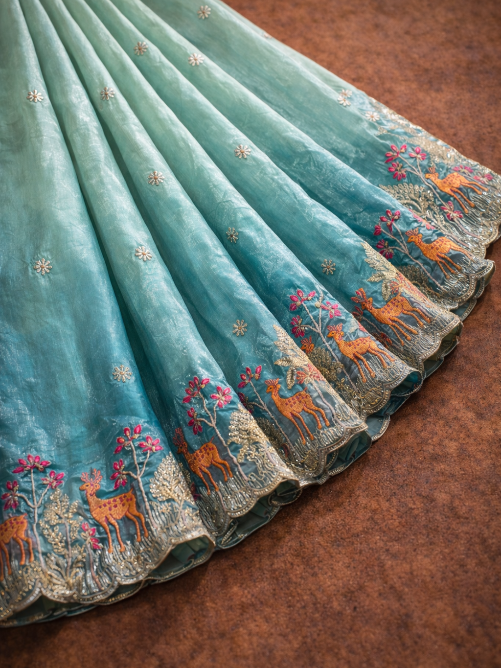 Designer Pista Sky Saree with Floral Border