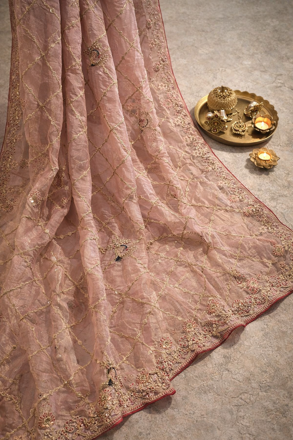Blush Rose Hand Embroidered Saree with Peacock Motifs - Pink