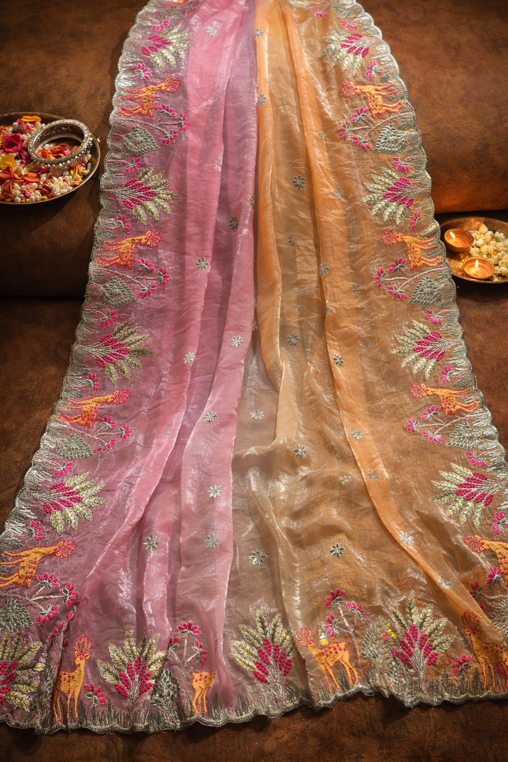 Designer Pink Peach Saree with Floral Border